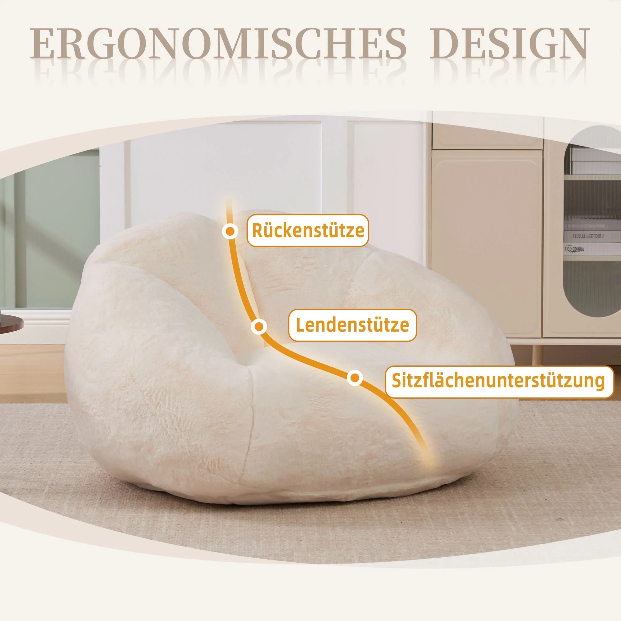 Soft Plush Beanbag Sofa with Non-Slip Base and Memory Foam, White Artificial Rabbit Fur - Image 4