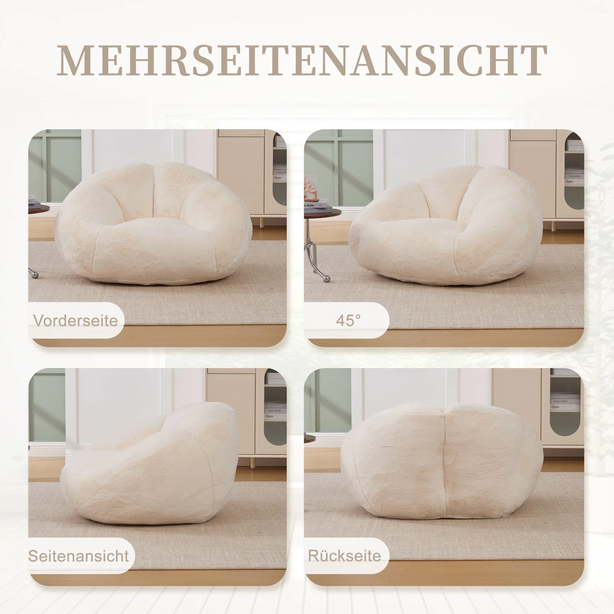 Soft Plush Beanbag Sofa with Non-Slip Base and Memory Foam, White Artificial Rabbit Fur - Image 5