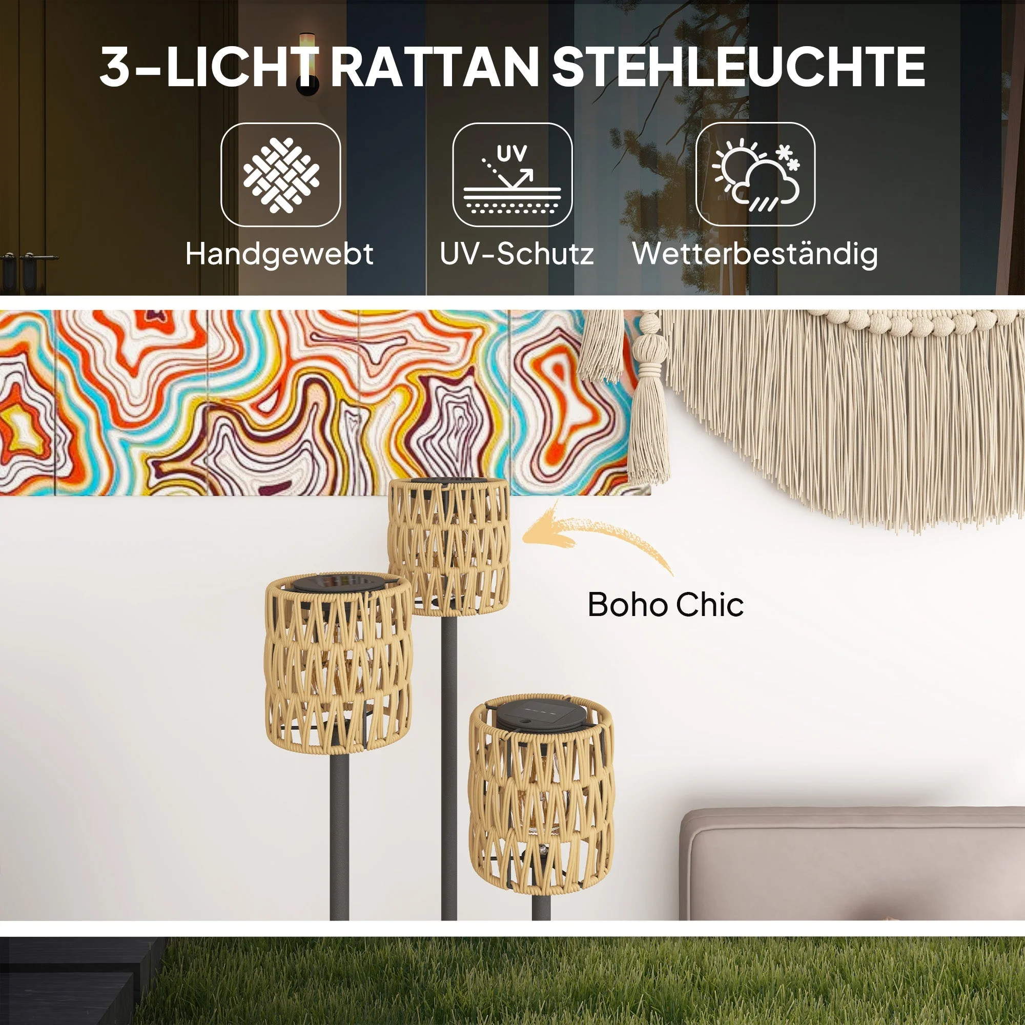 Solar Floor Lamp with Light Sensor, Shelf, IP44 Outdoor, Rattan - Image 4