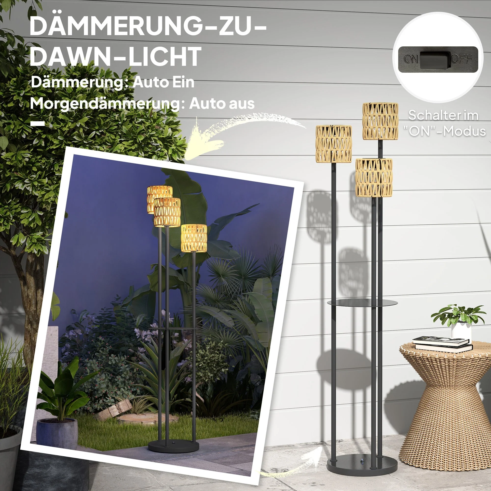 Solar Floor Lamp with Light Sensor, Shelf, IP44 Outdoor, Rattan - Image 6