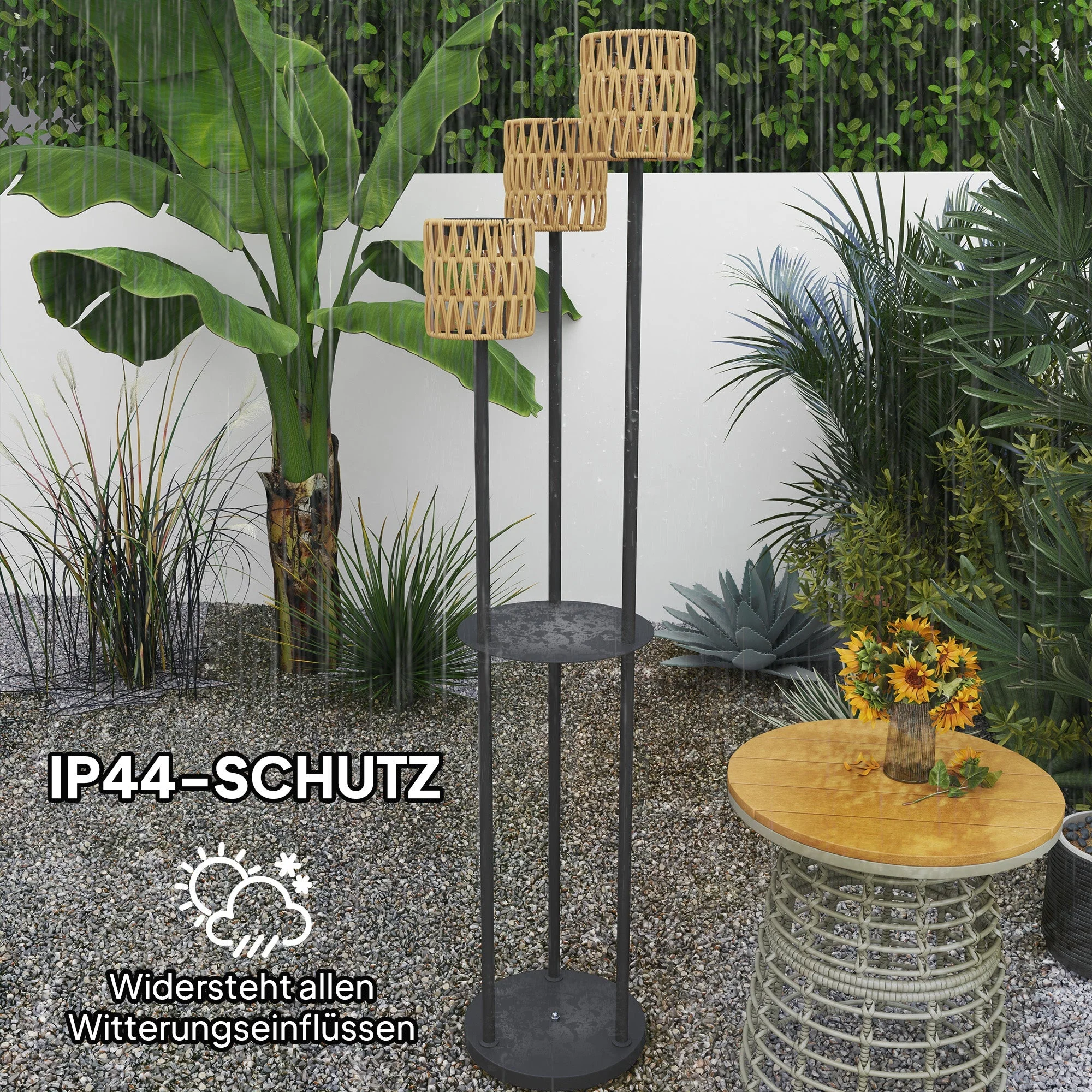 Solar Floor Lamp with Light Sensor, Shelf, IP44 Outdoor, Rattan - Image 7