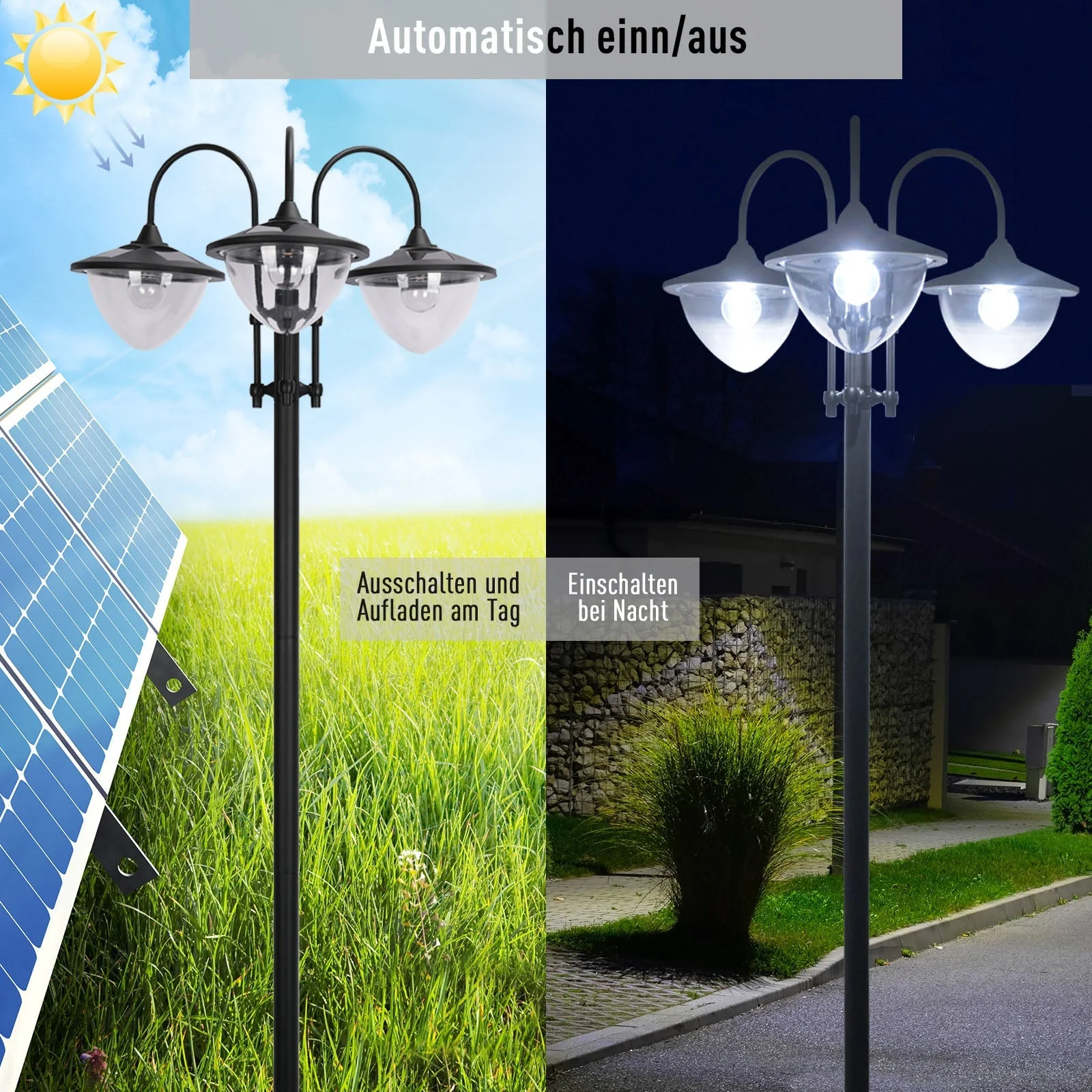 Solar Lantern 3-Piece Set, Floor Lamp Waterproof IP44 Flower Pot Base, Metal Black - Image 4