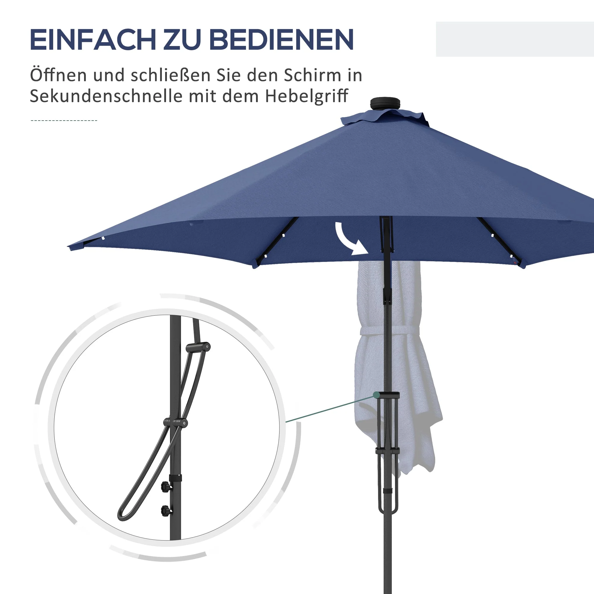 Solar Parasol, LED, Ø290x260 cm, UV Protection, Hand Crank, Polyester Dark Blue - Image 4