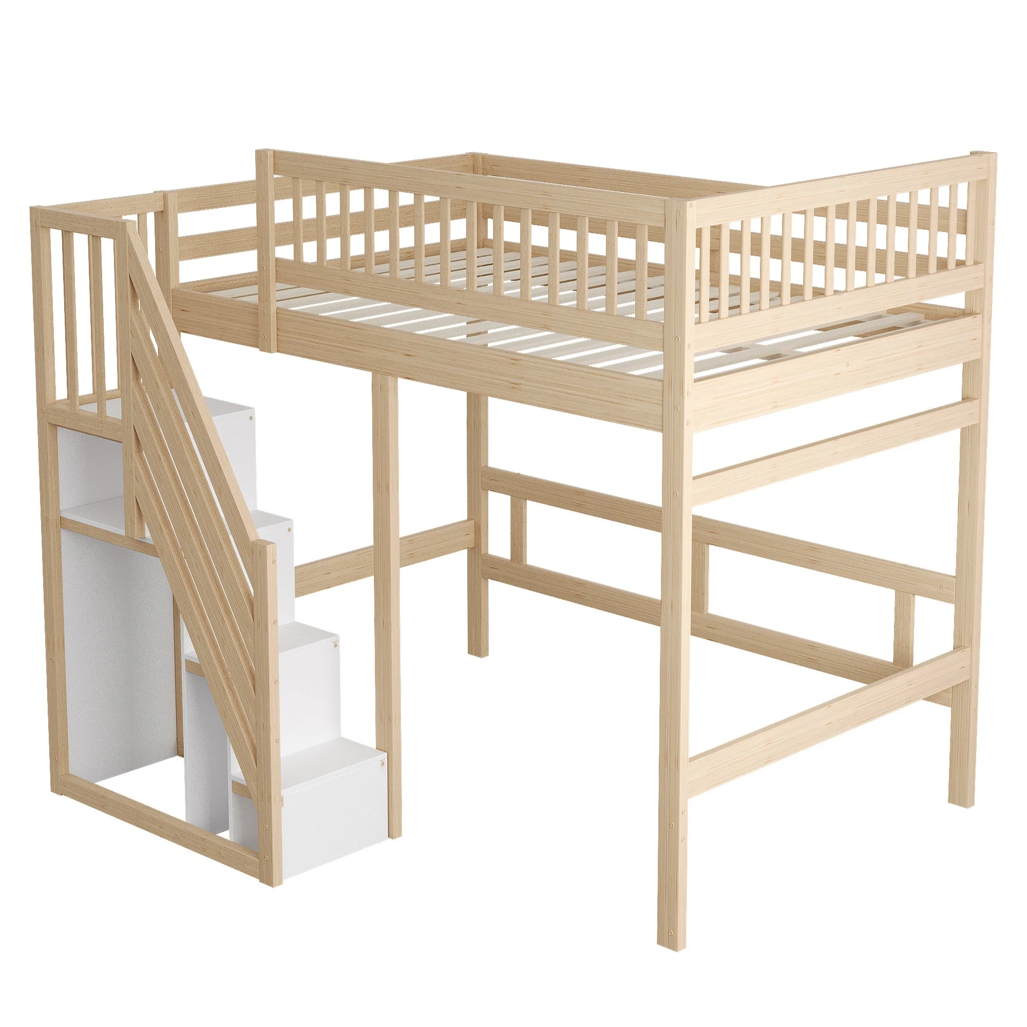 Solid Wood Bed, 140x200 with Storage Stairs & High Railing, Wood Color - Image 10