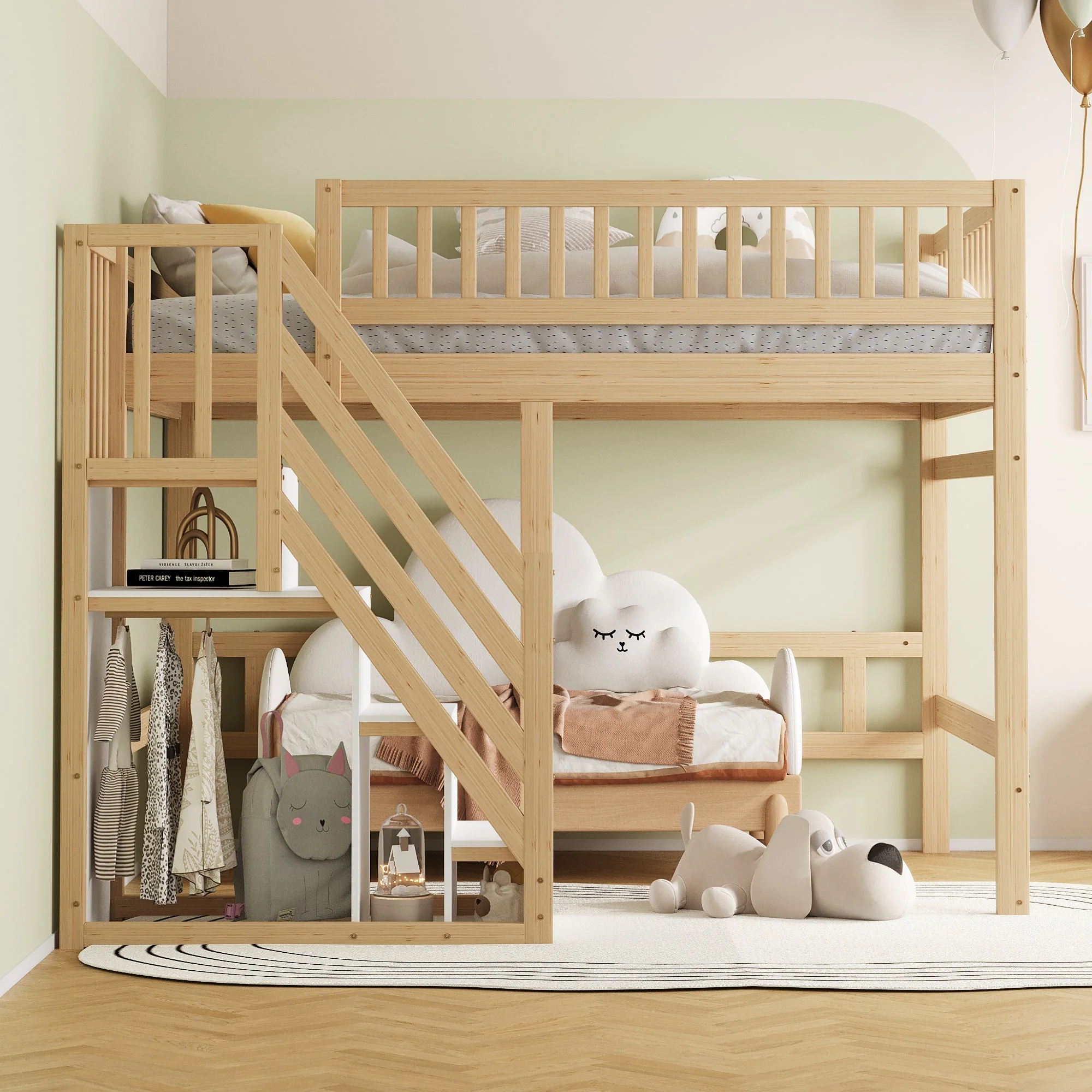 Solid Wood Bed, 140x200 with Storage Stairs & High Railing, Wood Color - Image 2
