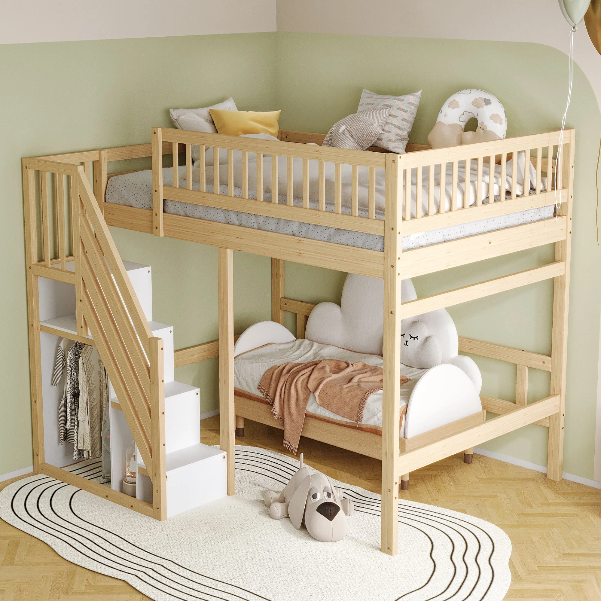 Solid Wood Bed, 140x200 with Storage Stairs & High Railing, Wood Color - Image 3