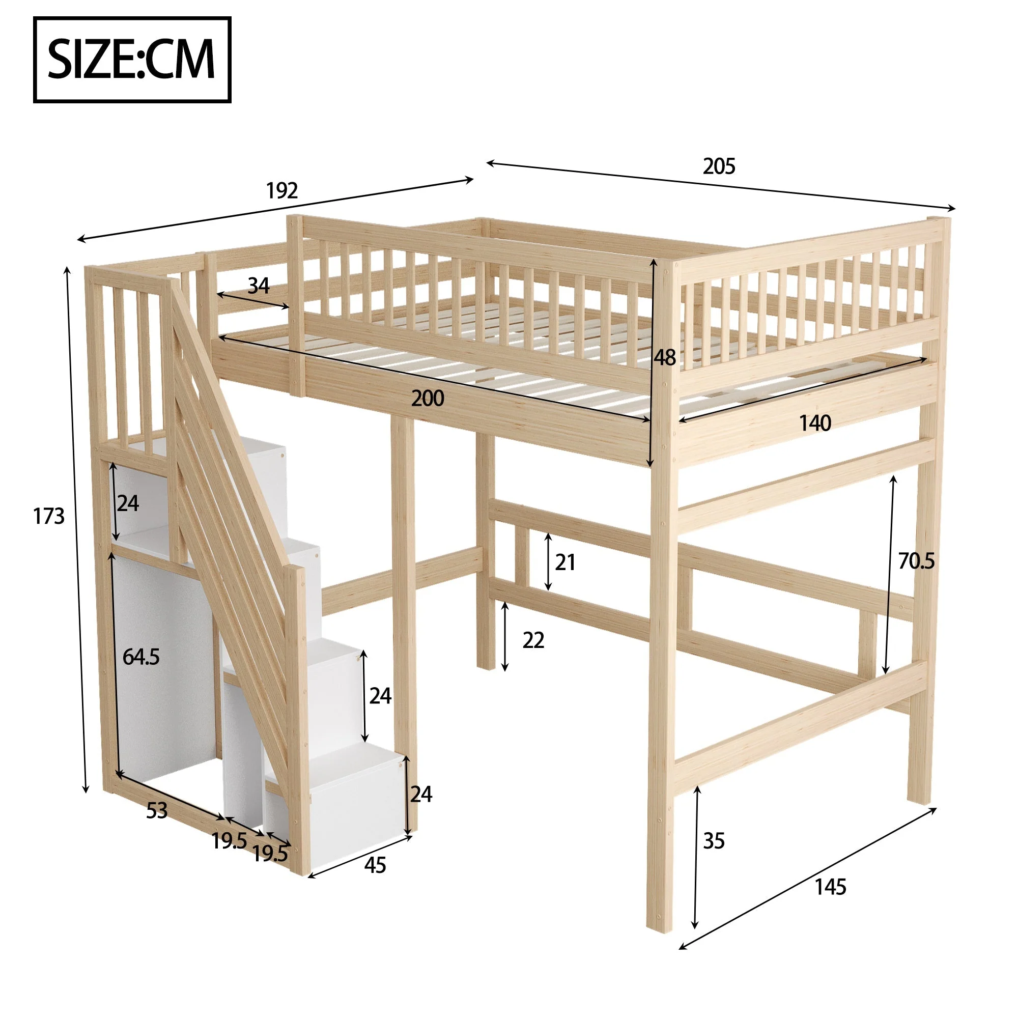 Solid Wood Bed, 140x200 with Storage Stairs & High Railing, Wood Color - Image 4