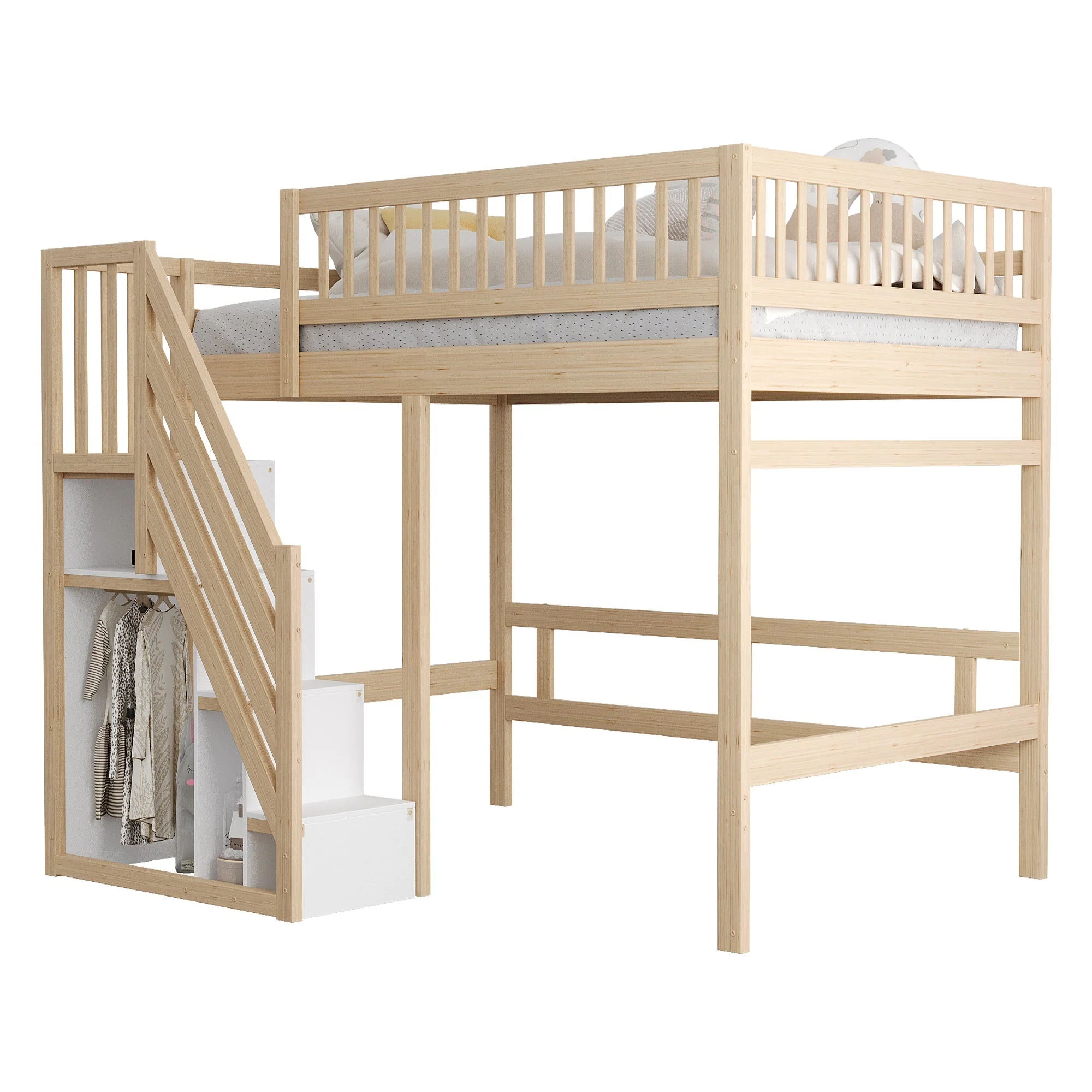 Solid Wood Bed, 140x200 with Storage Stairs & High Railing, Wood Color - Image 5