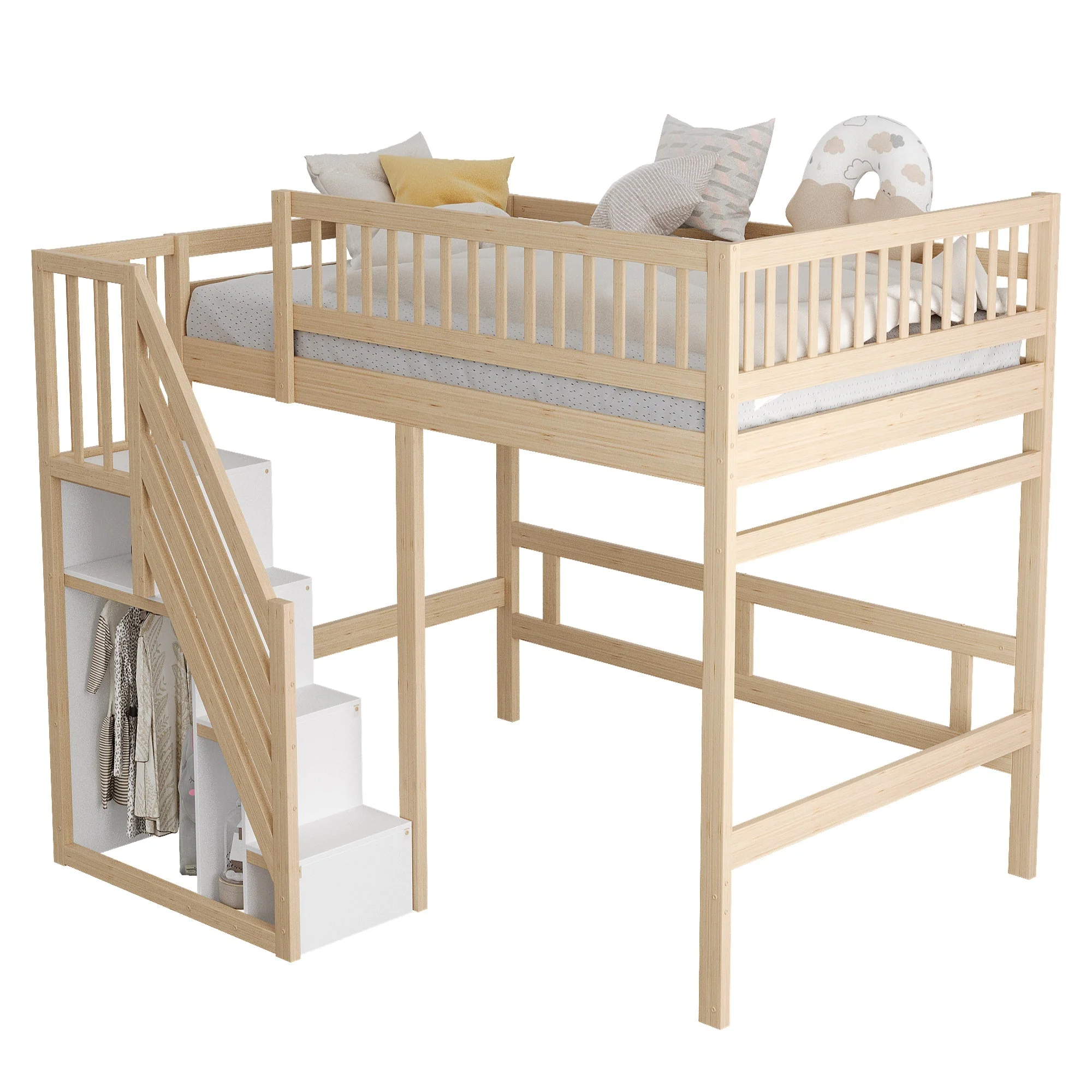 Solid Wood Bed, 140x200 with Storage Stairs & High Railing, Wood Color - Image 6