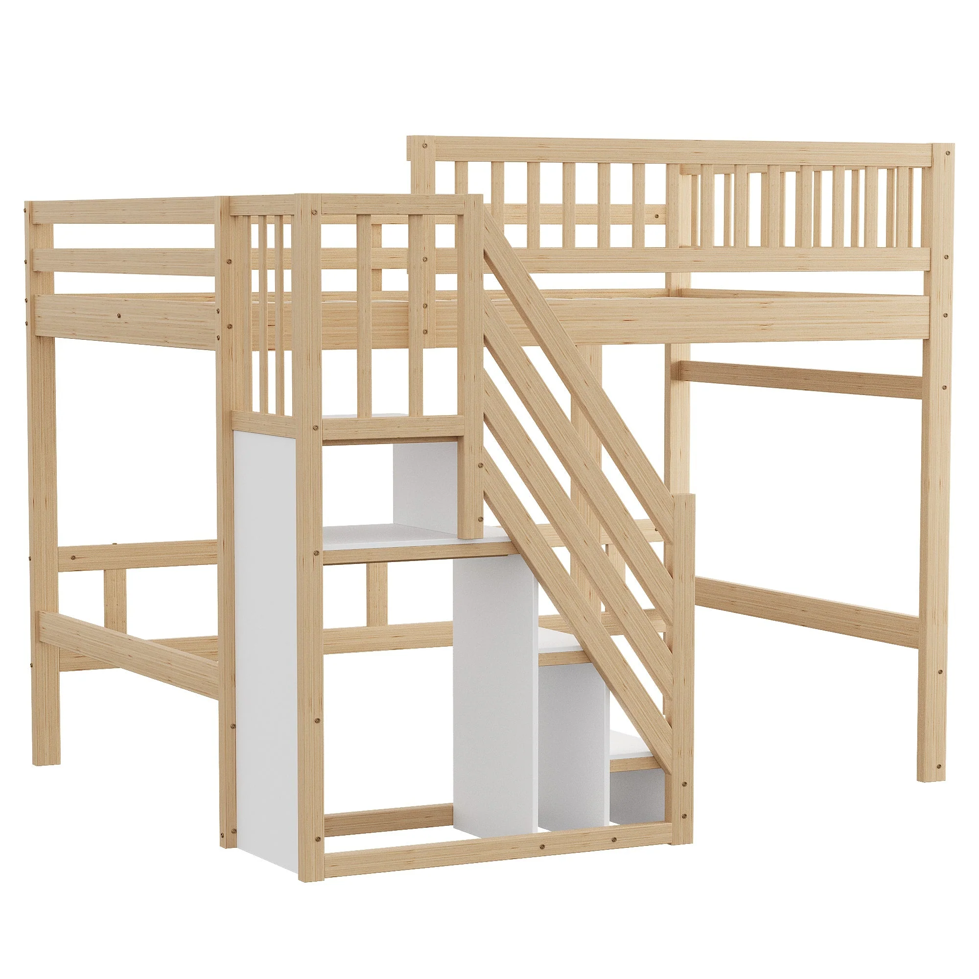 Solid Wood Bed, 140x200 with Storage Stairs & High Railing, Wood Color - Image 7