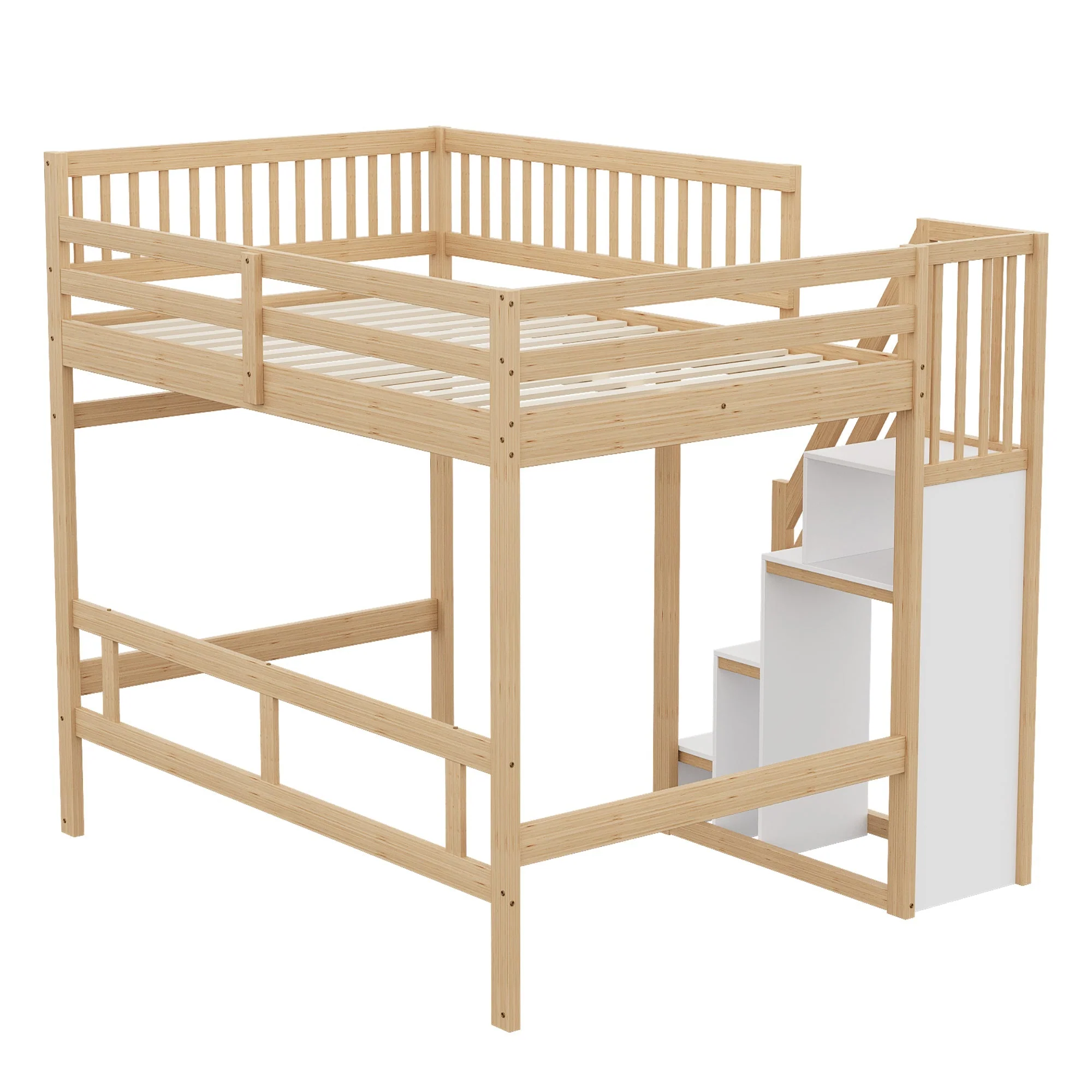 Solid Wood Bed, 140x200 with Storage Stairs & High Railing, Wood Color - Image 8