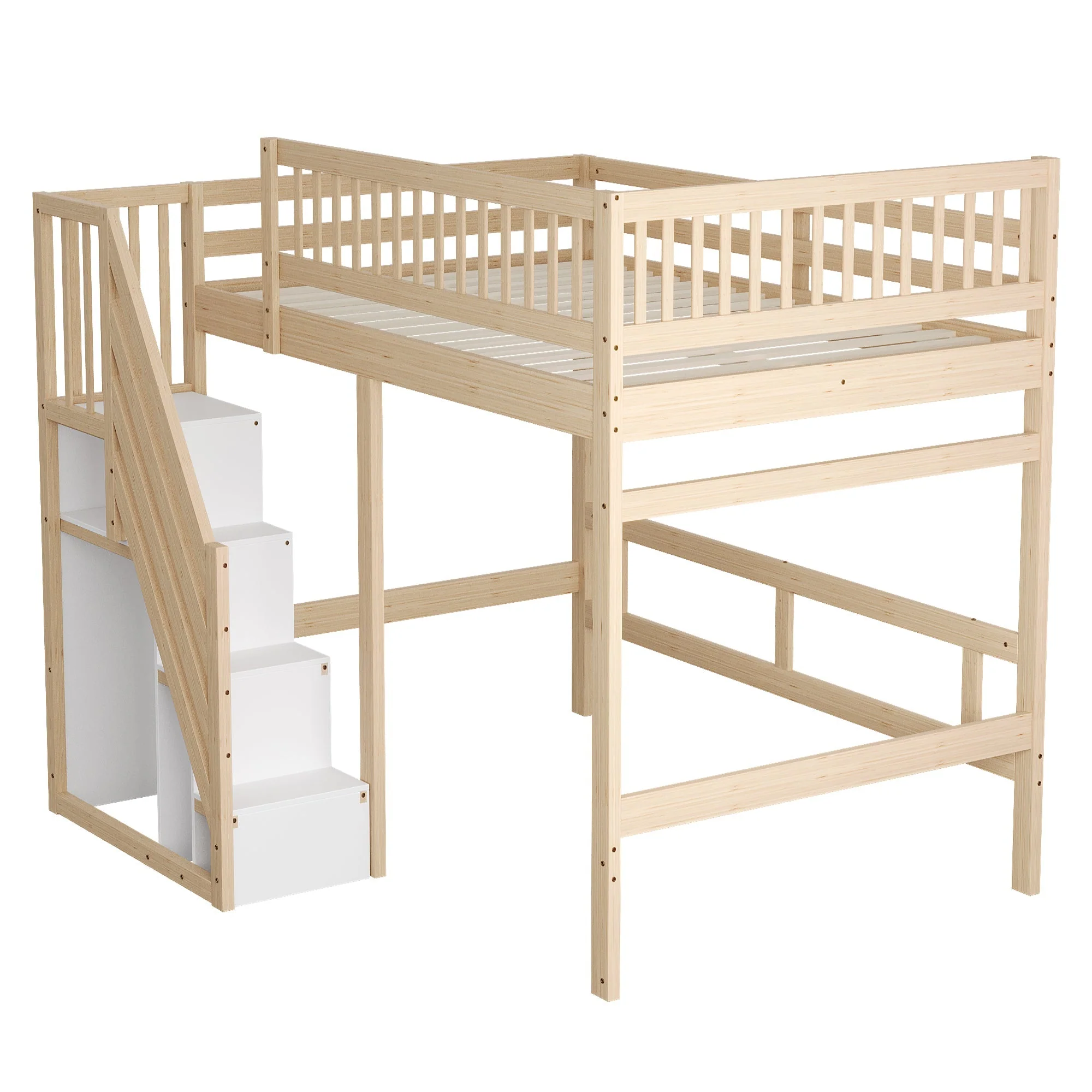 Solid Wood Bed, 140x200 with Storage Stairs & High Railing, Wood Color - Image 9