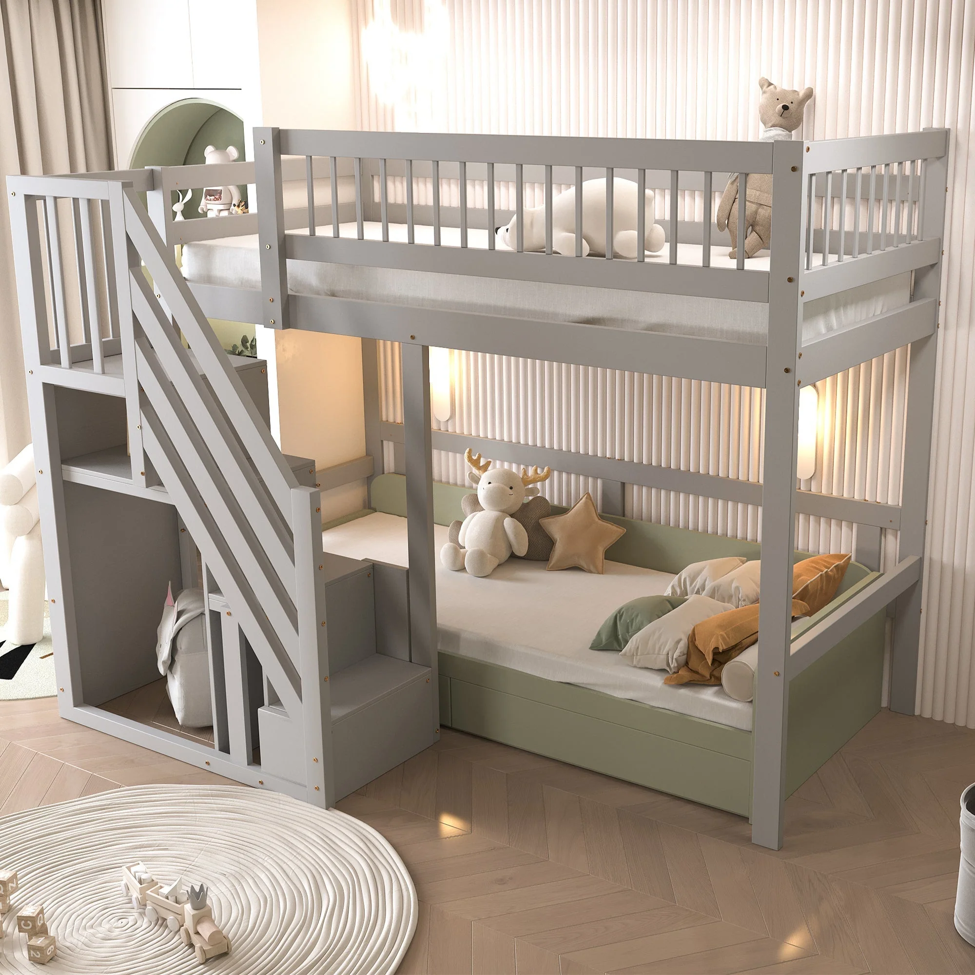 90×200cm Solid Wood Single Bed with Stairs and Storage Cabinet - Grey - Image 3