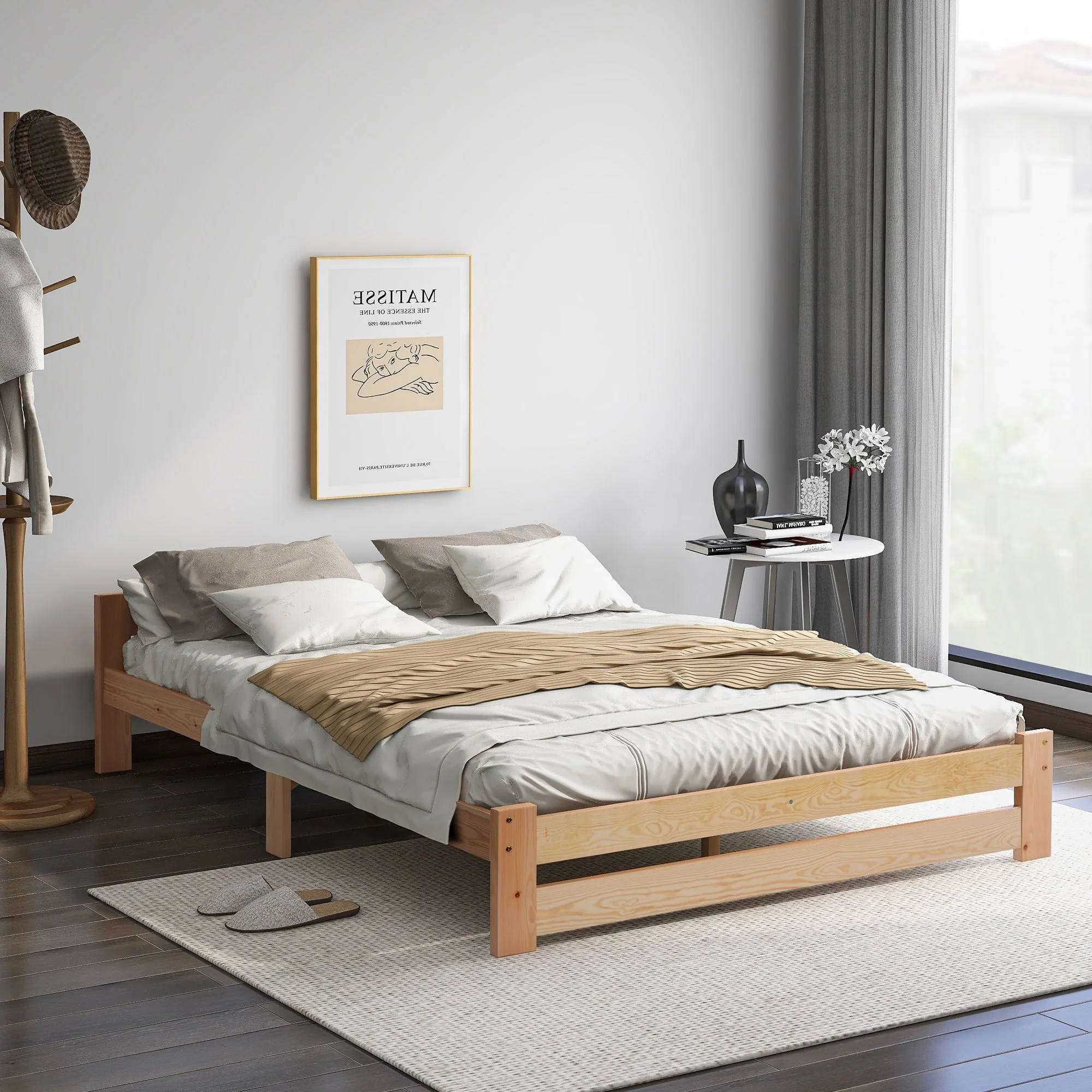 Solid Wood Bed Futon with Headboard & Slatted Frame, Natural - Image 3
