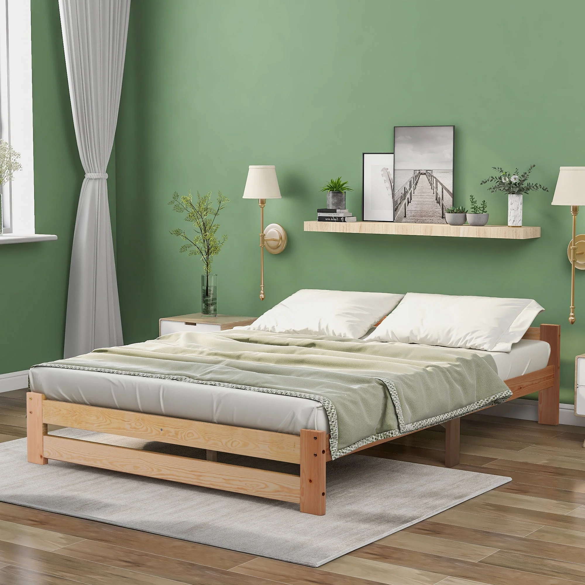 Solid Wood Bed Futon with Headboard & Slatted Frame, Natural - Image 6
