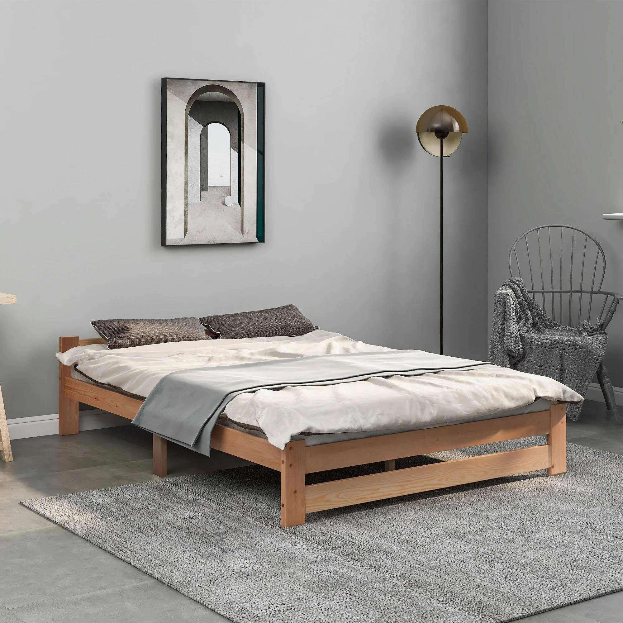 Solid Wood Bed Futon with Headboard & Slatted Frame, Natural - Image 8