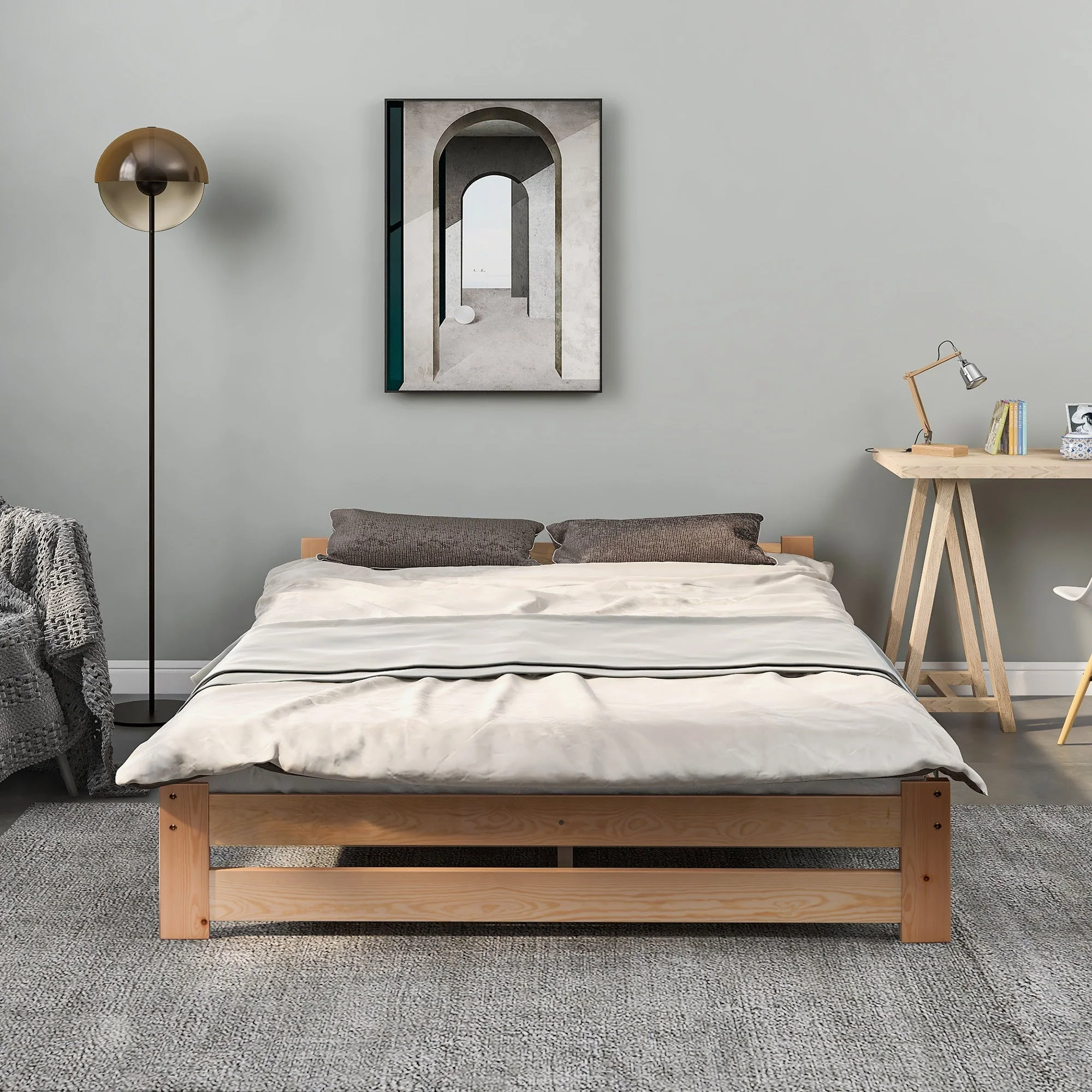 Solid Wood Bed Futon with Headboard & Slatted Frame, Natural - Image 9