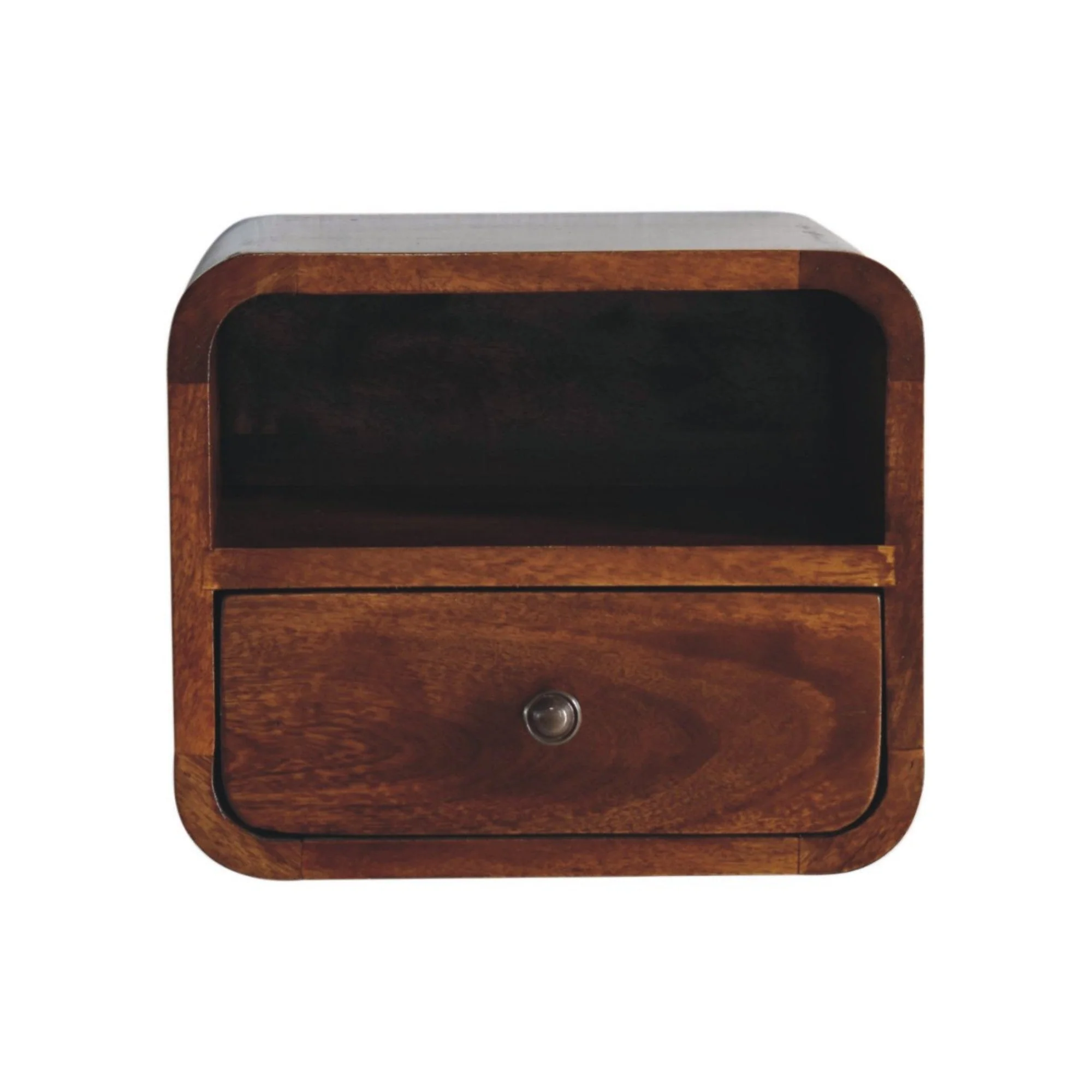 Solid Wood Bedside, Extra Mini Wall Mounted Curved 1 Drawer Open Slot, Dark Brown - Image 7