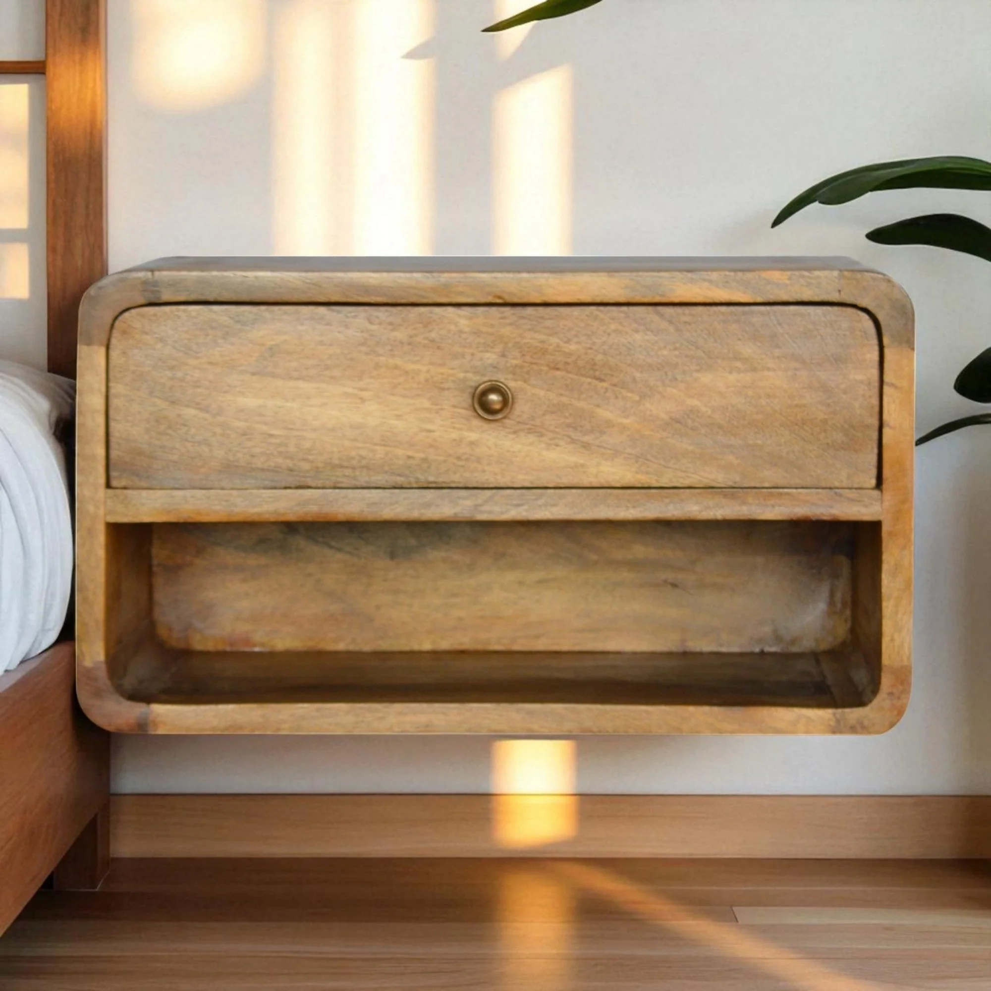 Solid Wood Bedside, Floating Curve 1 Drawer Open Shelf, Beige