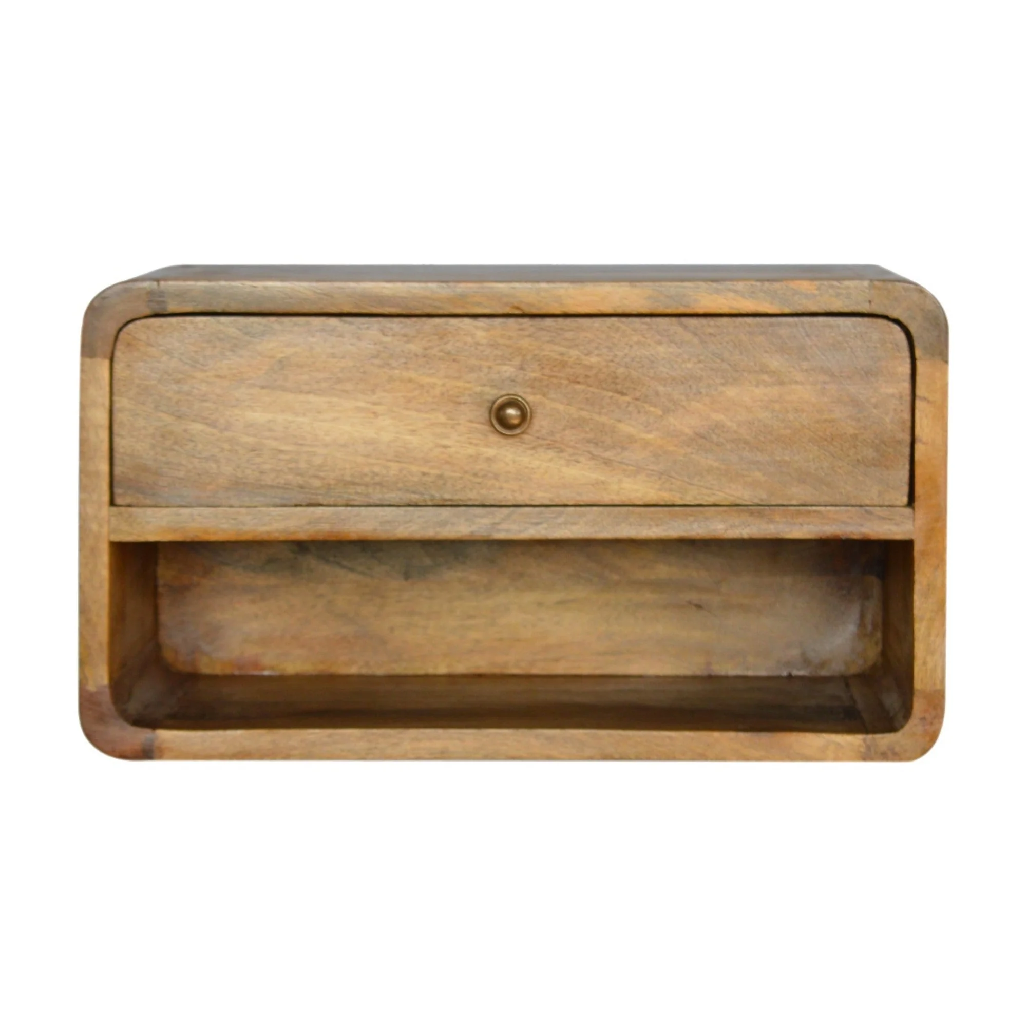 Solid Wood Bedside, Floating Curve 1 Drawer Open Shelf, Beige - Image 2