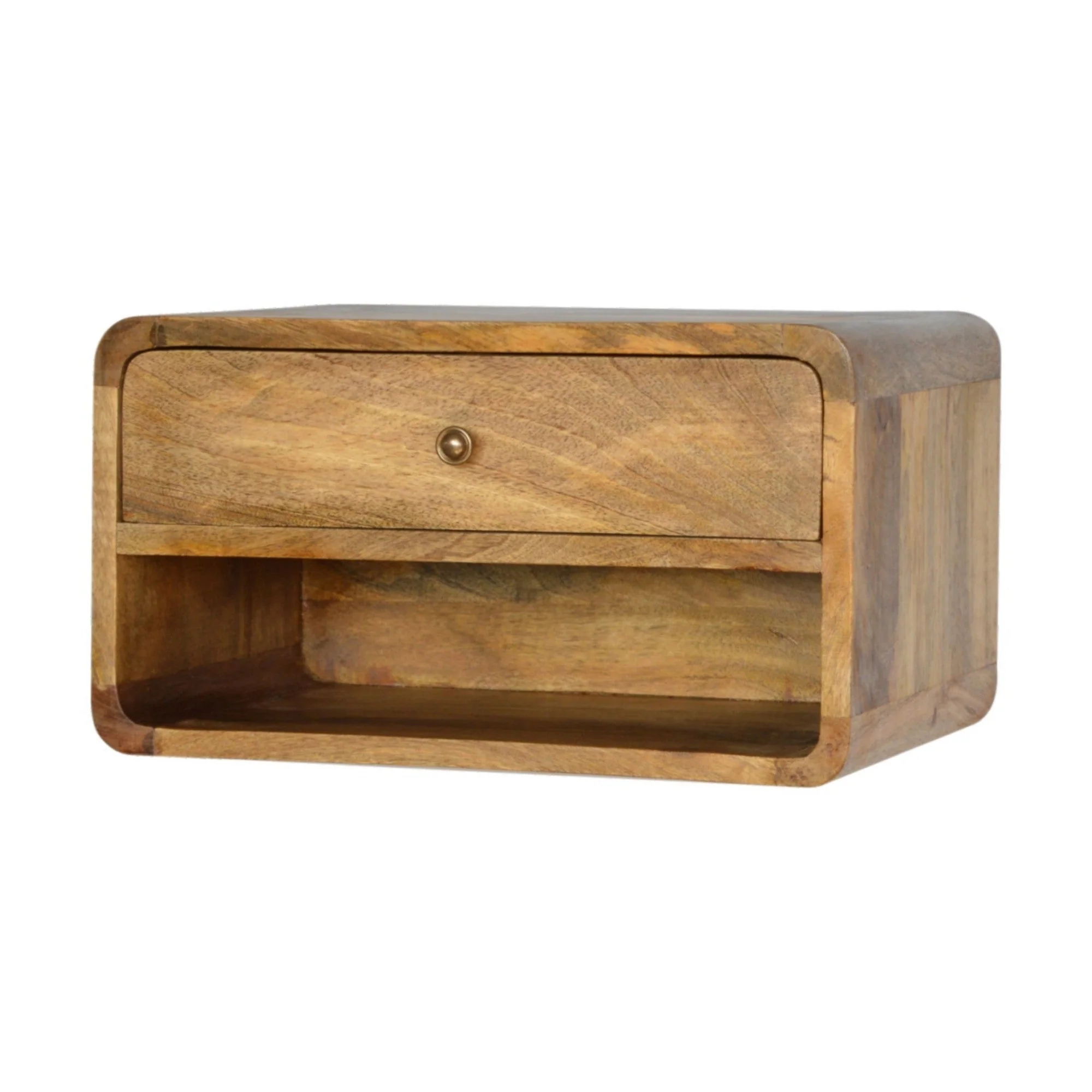 Solid Wood Bedside, Floating Curve 1 Drawer Open Shelf, Beige - Image 3