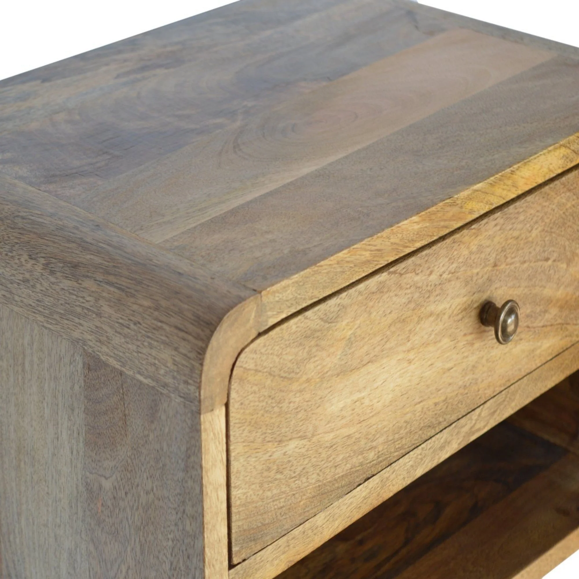 Solid Wood Bedside, Floating Curve 1 Drawer Open Shelf, Beige - Image 6
