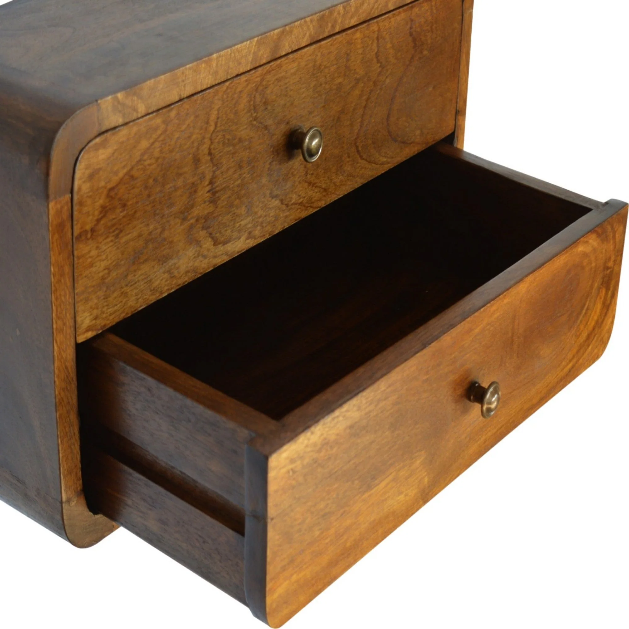 Solid Wood Bedside, Floating Curved with 2 Drawers, Dark Brown - Image 2