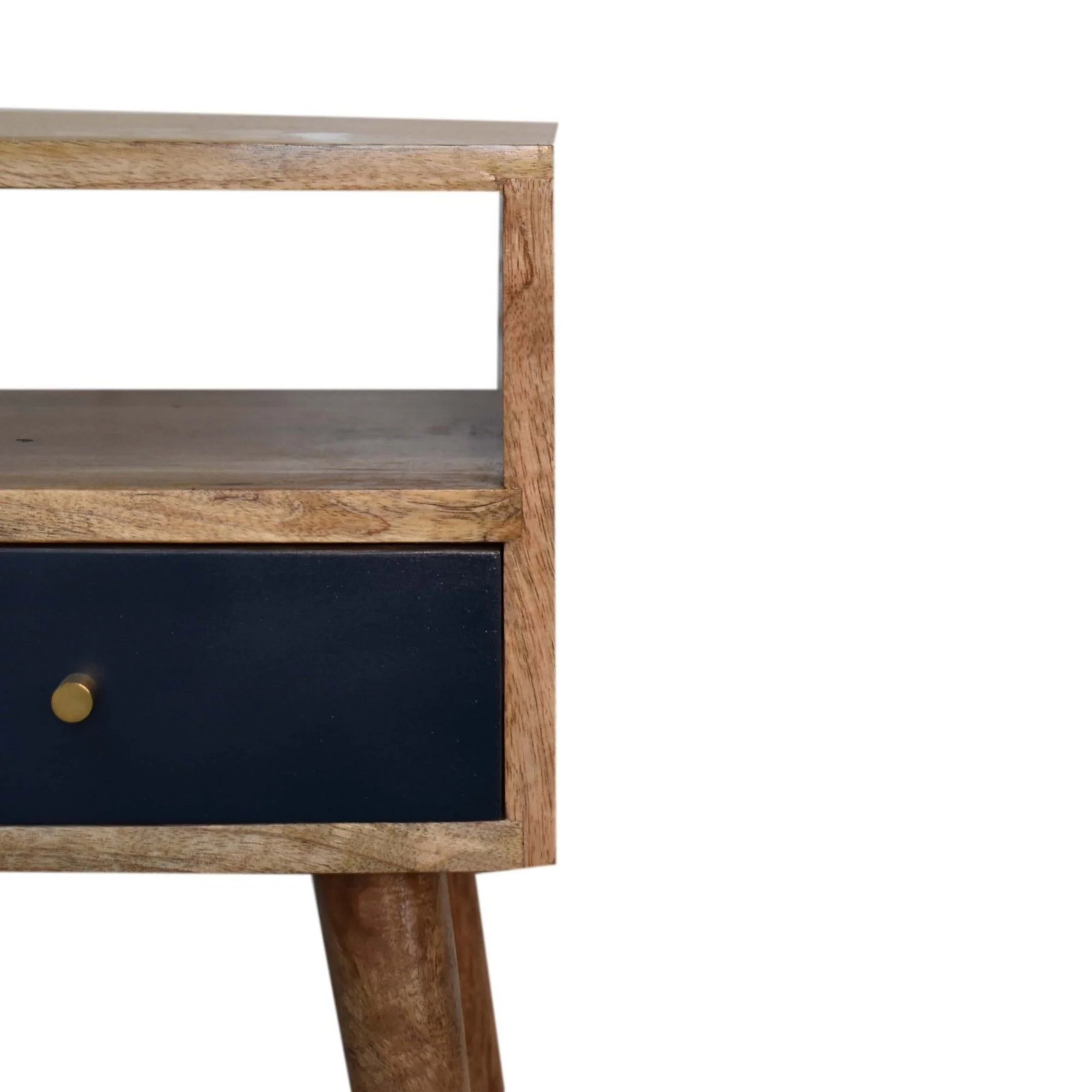 Solid Wood Bedside, Mini 1 Drawer Open Shelf, Navy Blue Hand Painted Light Brown - Image 3