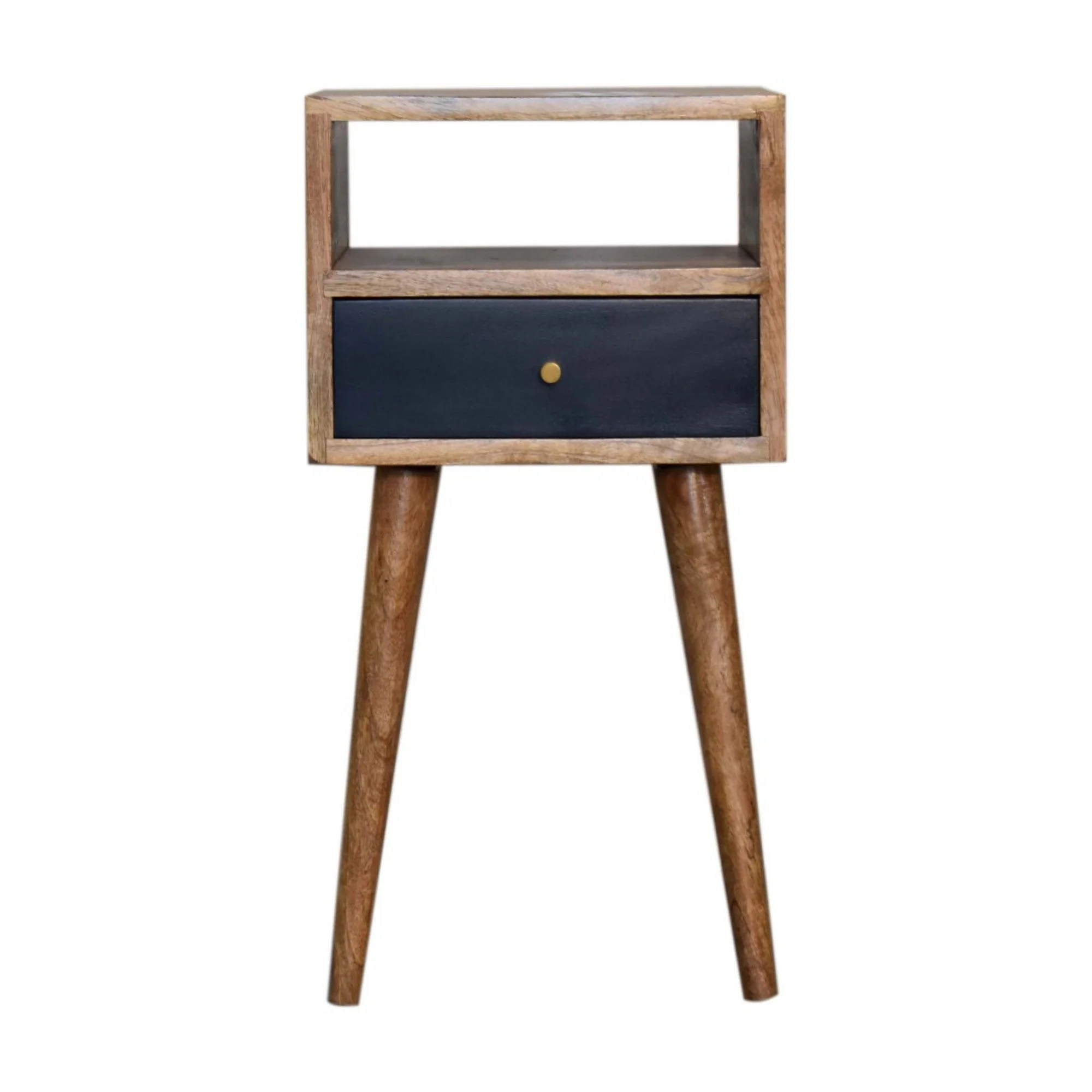 Solid Wood Bedside, Mini 1 Drawer Open Shelf, Navy Blue Hand Painted Light Brown - Image 5