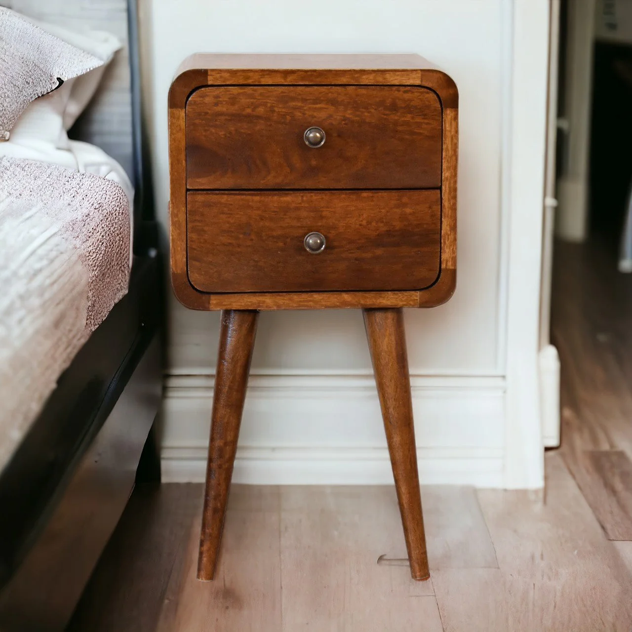 Solid Wood Bedside, Mini Curved 2 Drawers, Dark Brown