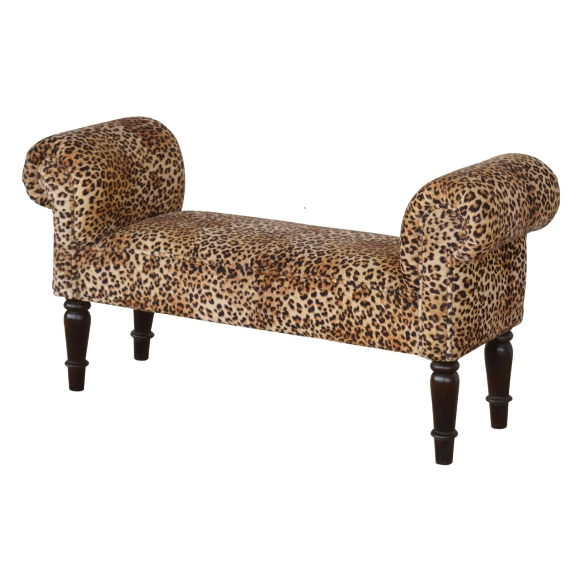 Solid Wood Bench, Leopard Print Upholstered Velvet, Brown - Image 3