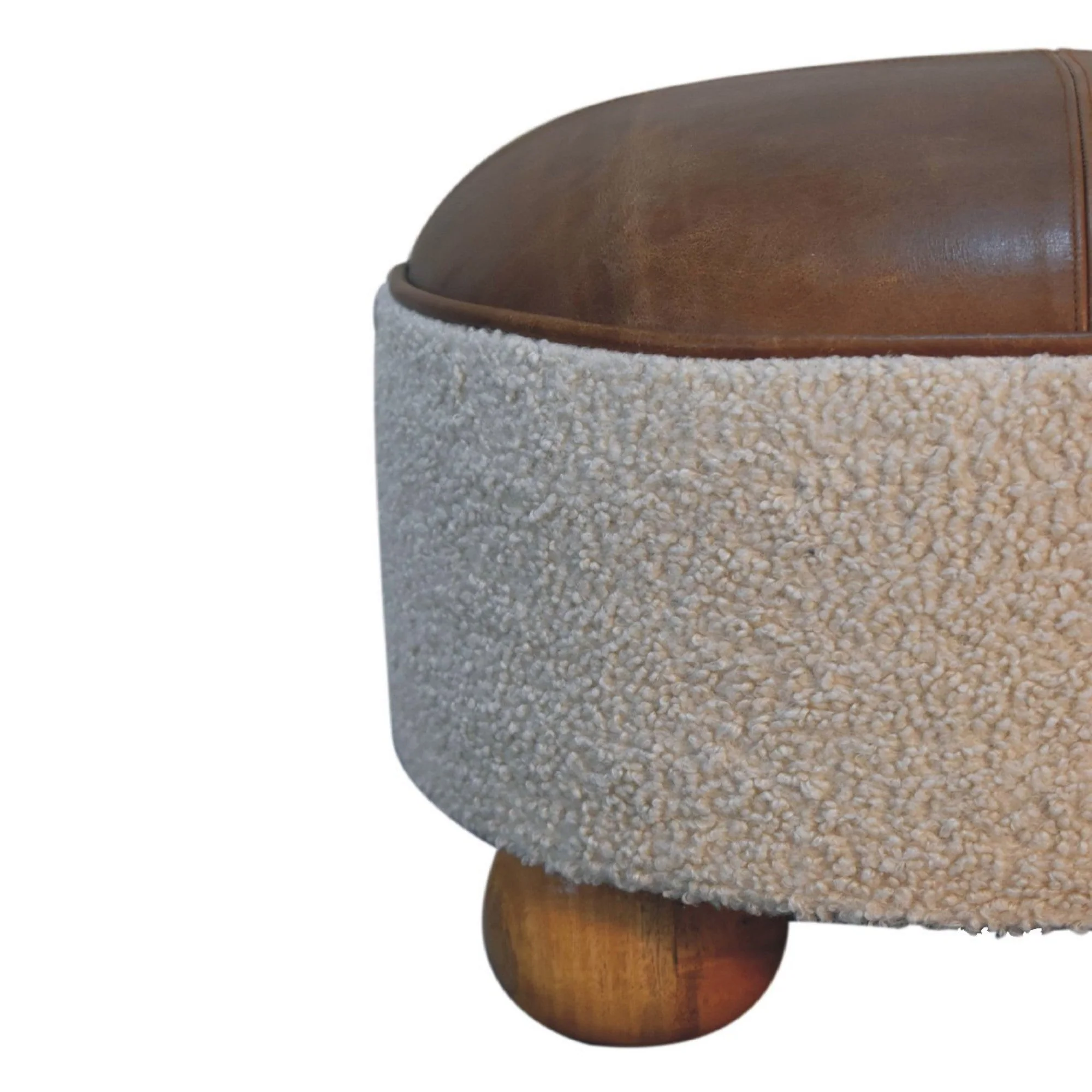 Solid Wood Boucle Buffalo Footstool Ball Feet, Cream and Brown - Image 2