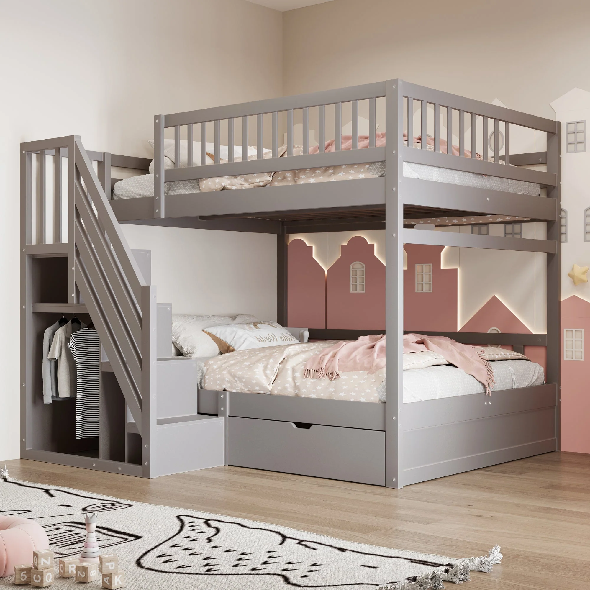 Solid Wood Bunk Bed 140x200cm High Safety Rail Storage Ladder Drawers, Grey - Image 2