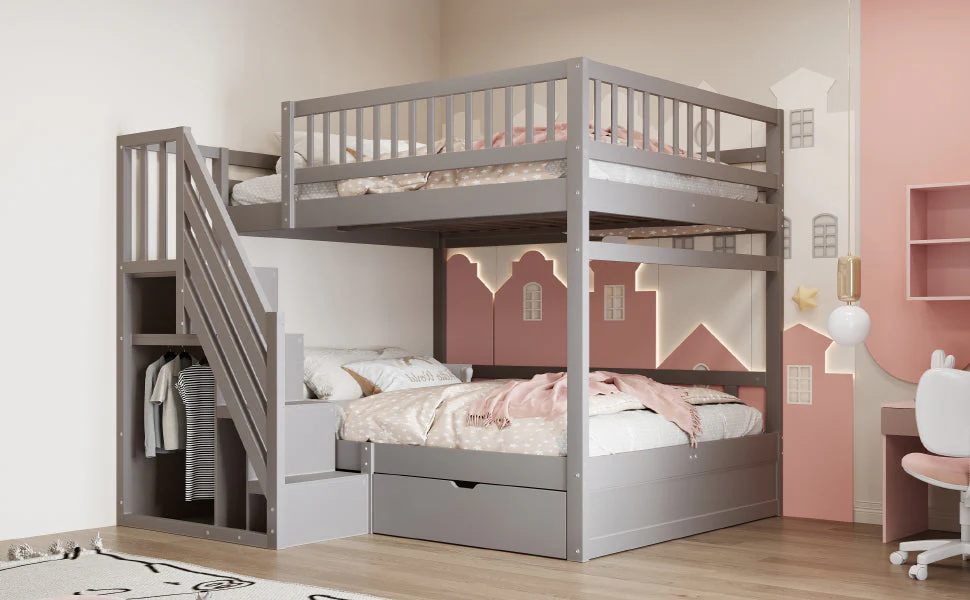 Solid Wood Bunk Bed 140x200cm High Safety Rail Storage Ladder Drawers, Grey - Image 4