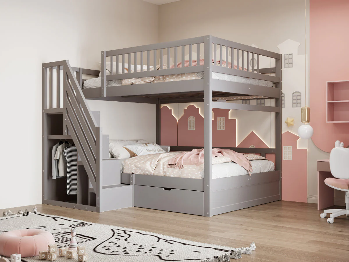 Solid Wood Bunk Bed 140x200cm High Safety Rail Storage Ladder Drawers, Grey - Image 5