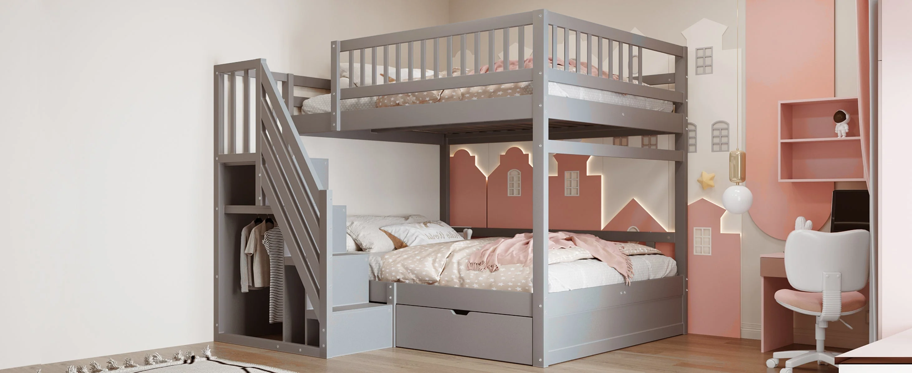 Solid Wood Bunk Bed 140x200cm High Safety Rail Storage Ladder Drawers, Grey - Image 6