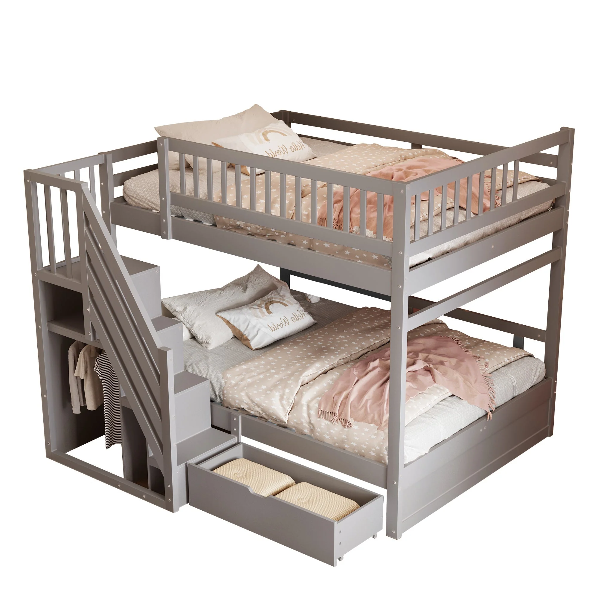 Solid Wood Bunk Bed 140x200cm High Safety Rail Storage Ladder Drawers, Grey - Image 7