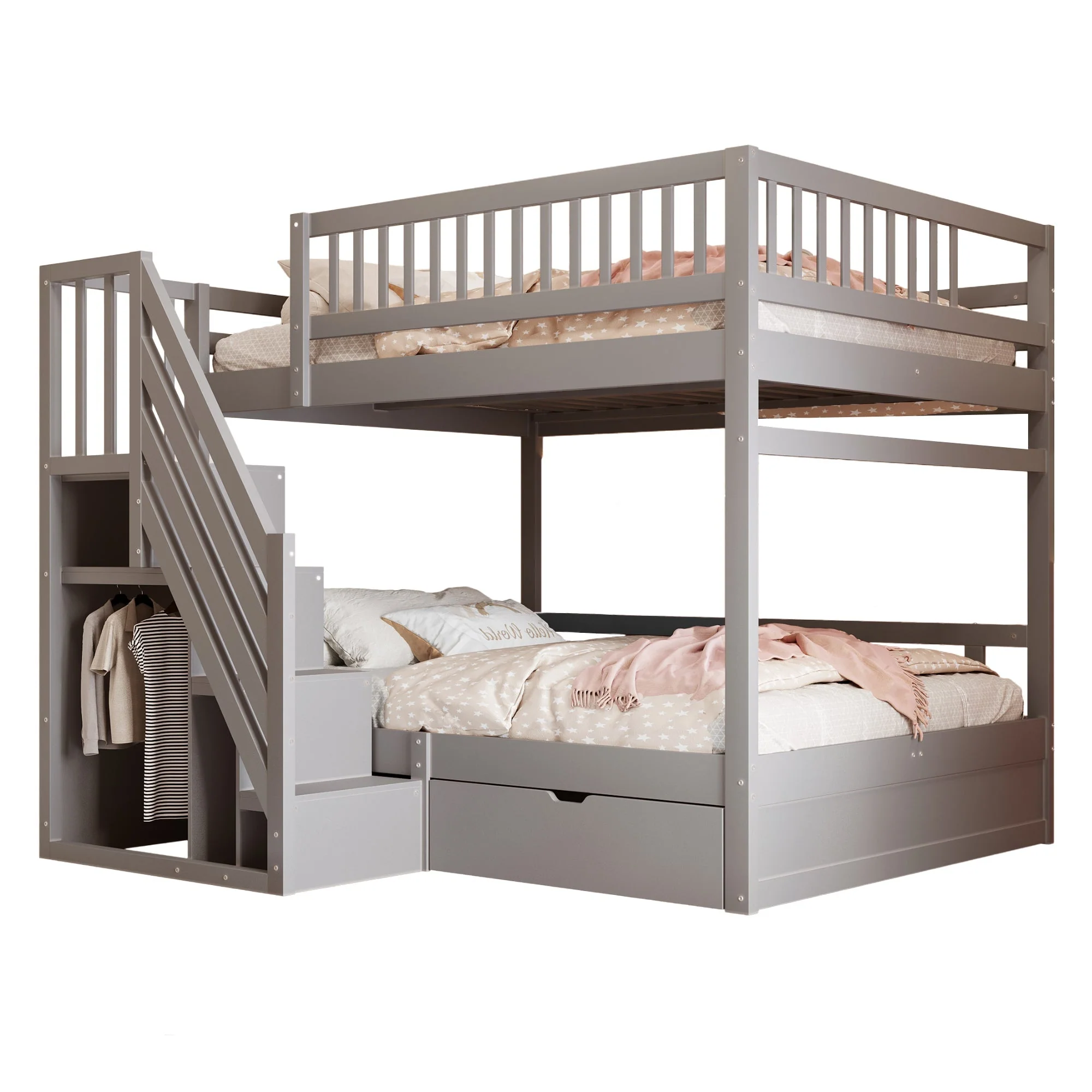 Solid Wood Bunk Bed 140x200cm High Safety Rail Storage Ladder Drawers, Grey - Image 8