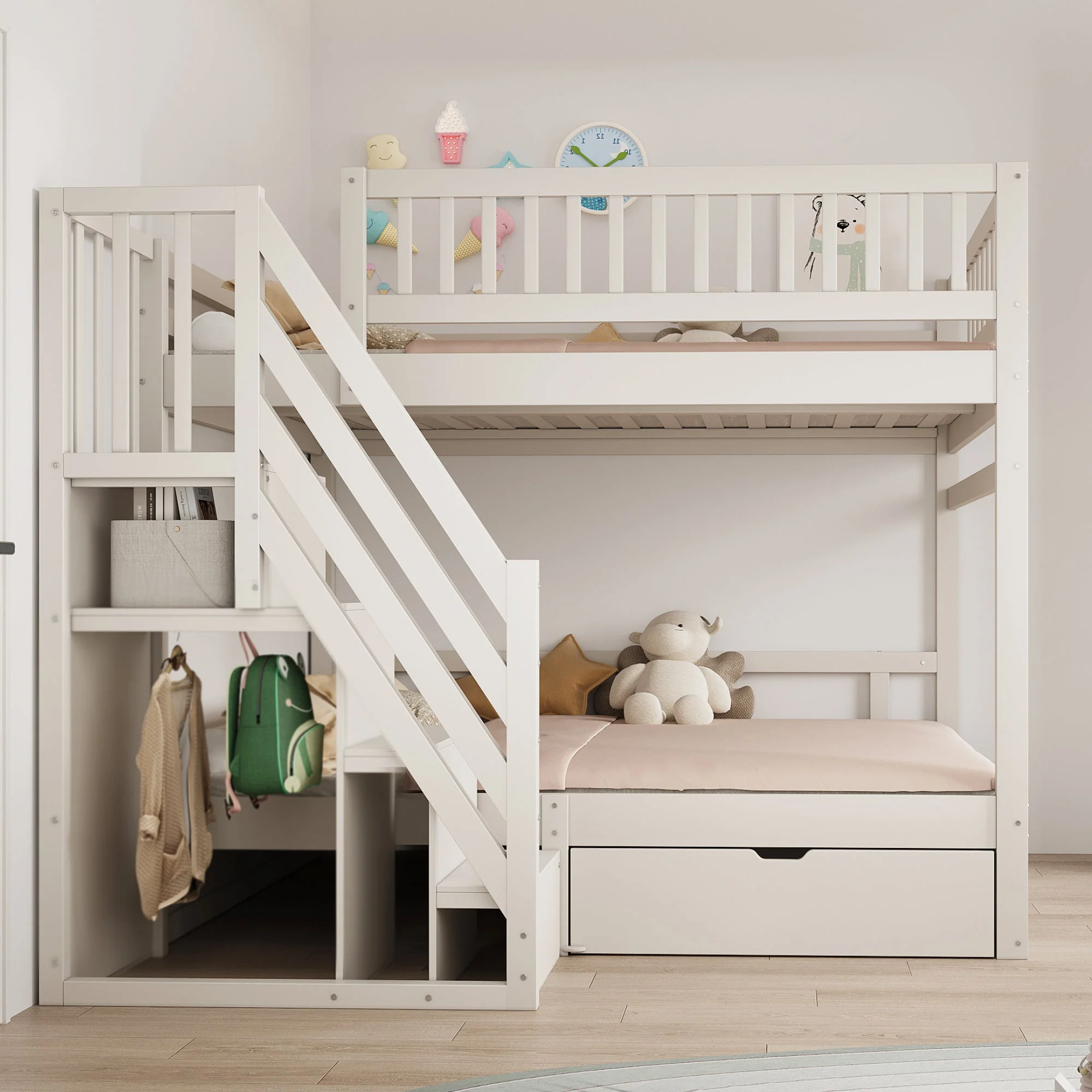 Solid Wood Bunk Bed, 140x200cm High Safety Rail Storage Ladder & Drawers, White - Image 3