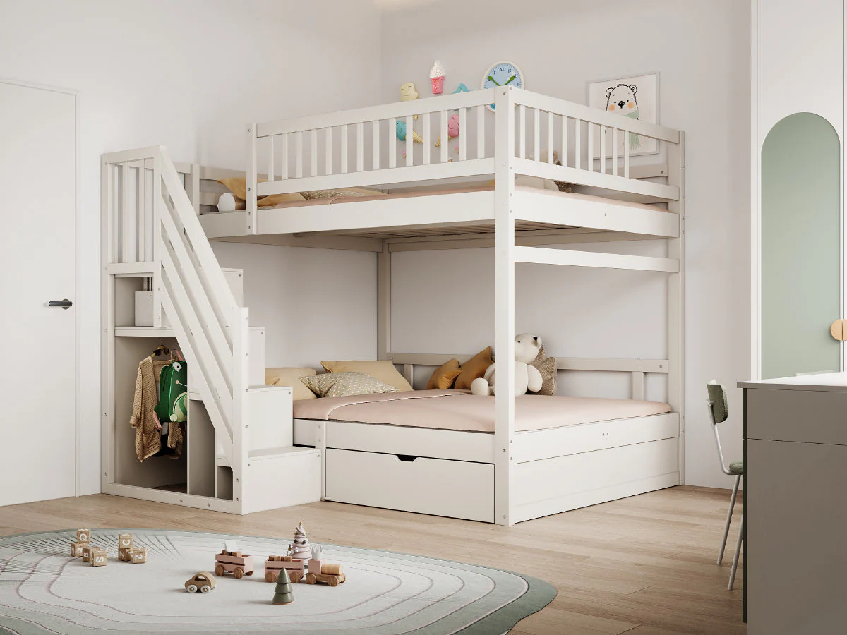 Solid Wood Bunk Bed, 140x200cm High Safety Rail Storage Ladder & Drawers, White - Image 5