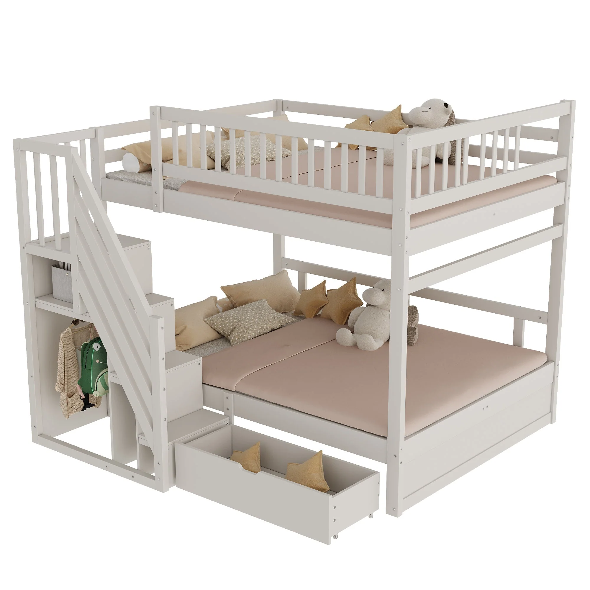 Solid Wood Bunk Bed, 140x200cm High Safety Rail Storage Ladder & Drawers, White - Image 7