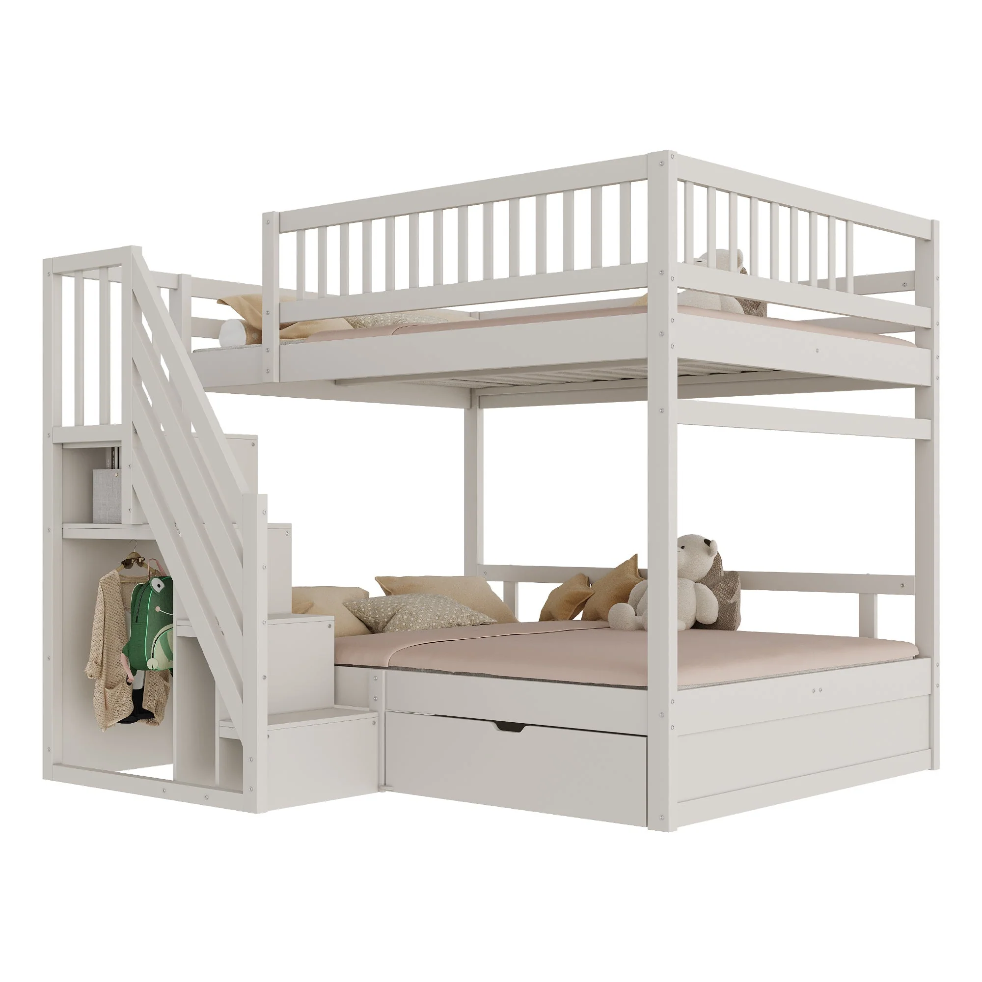 Solid Wood Bunk Bed, 140x200cm High Safety Rail Storage Ladder & Drawers, White - Image 8