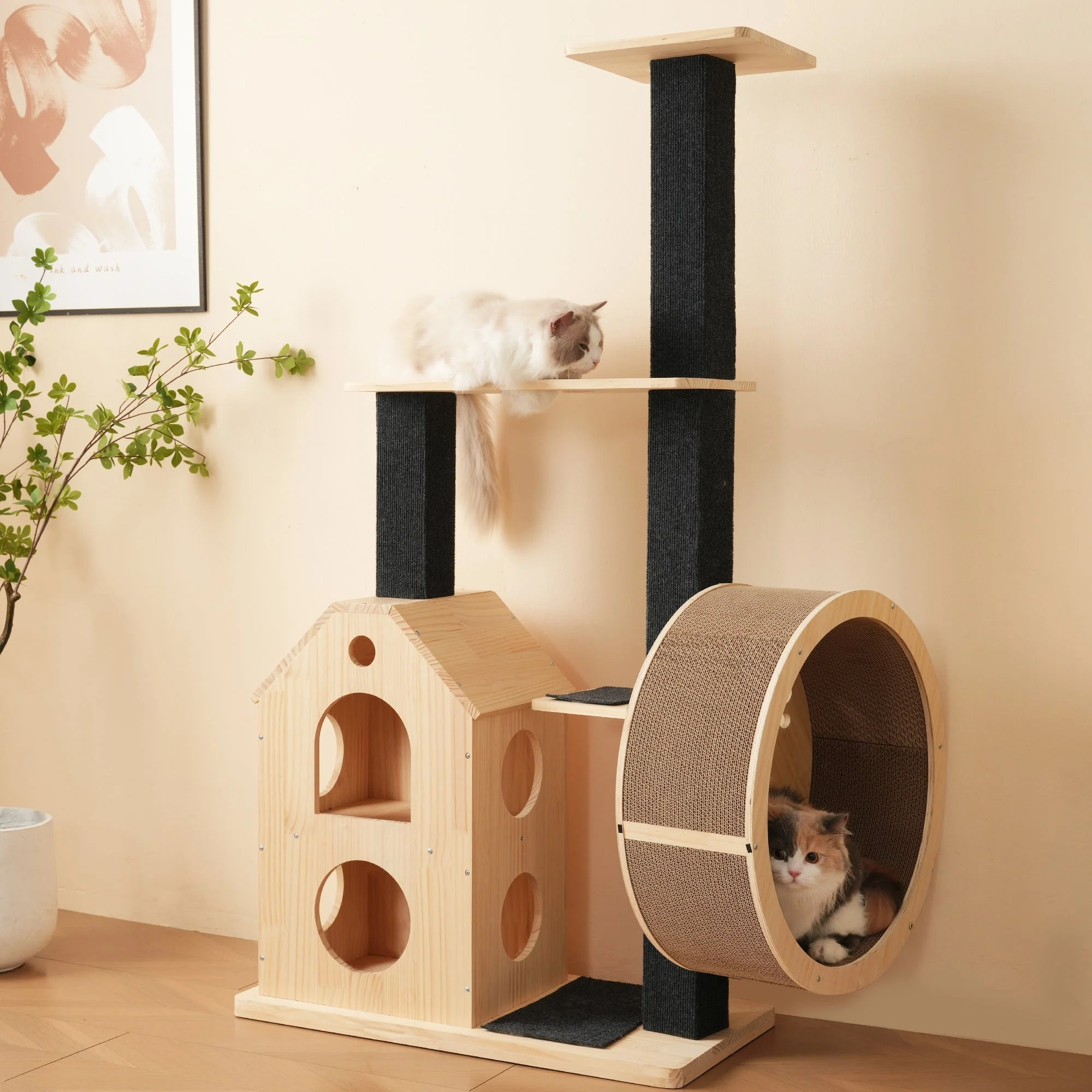Solid Wood Cat Tree with Exercise Wheel, 4 Platforms, 2 Houses, Sisal Posts, 80×40×152 cm