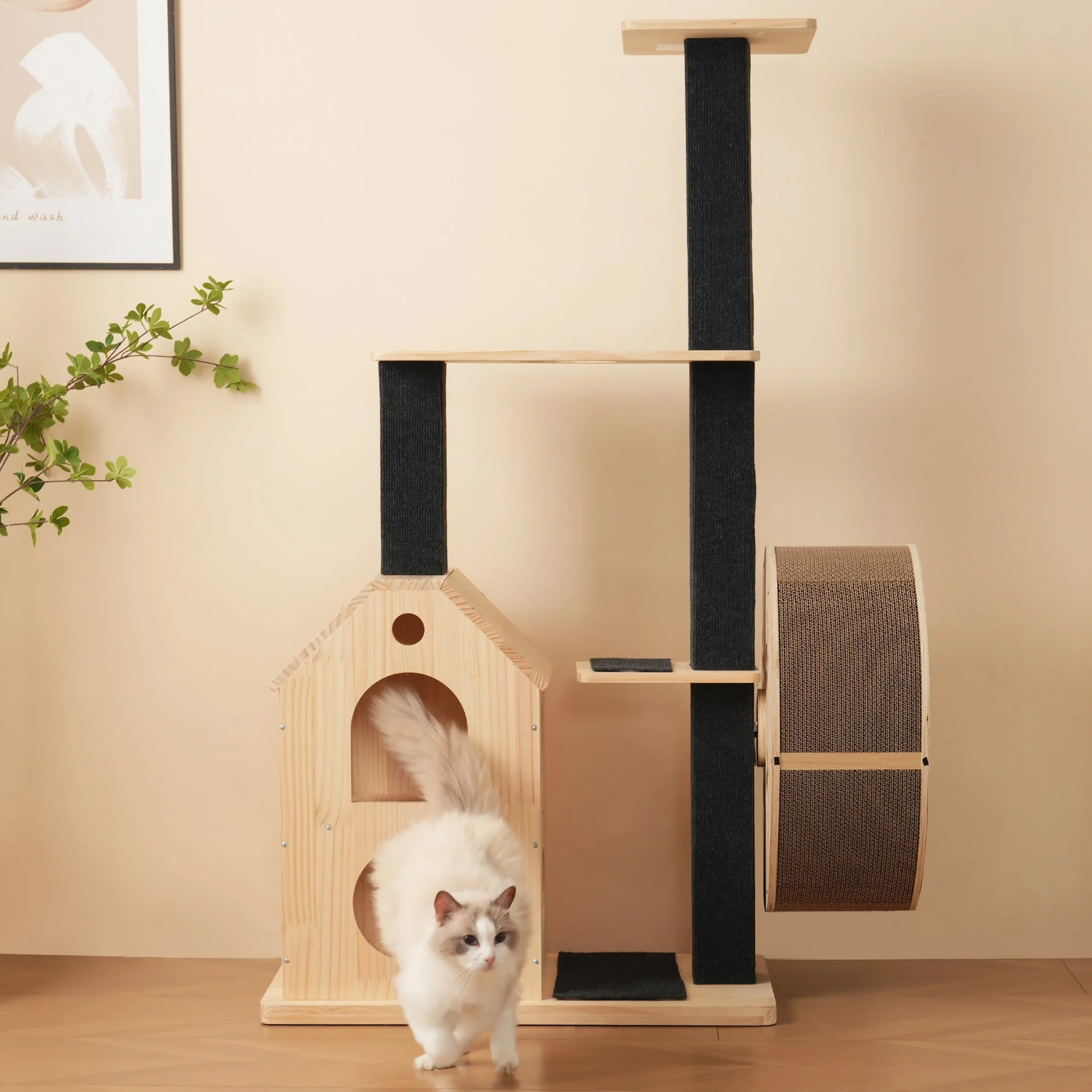 Solid Wood Cat Tree with Exercise Wheel, 4 Platforms, 2 Houses, Sisal Posts, 80×40×152 cm - Image 3