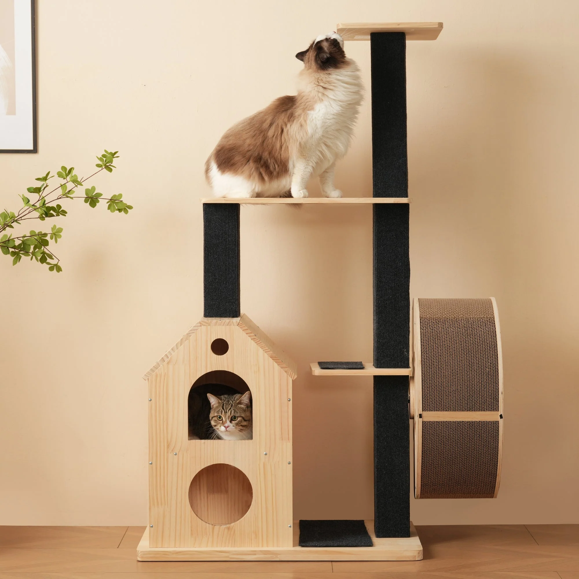 Solid Wood Cat Tree with Exercise Wheel, 4 Platforms, 2 Houses, Sisal Posts, 80×40×152 cm - Image 4