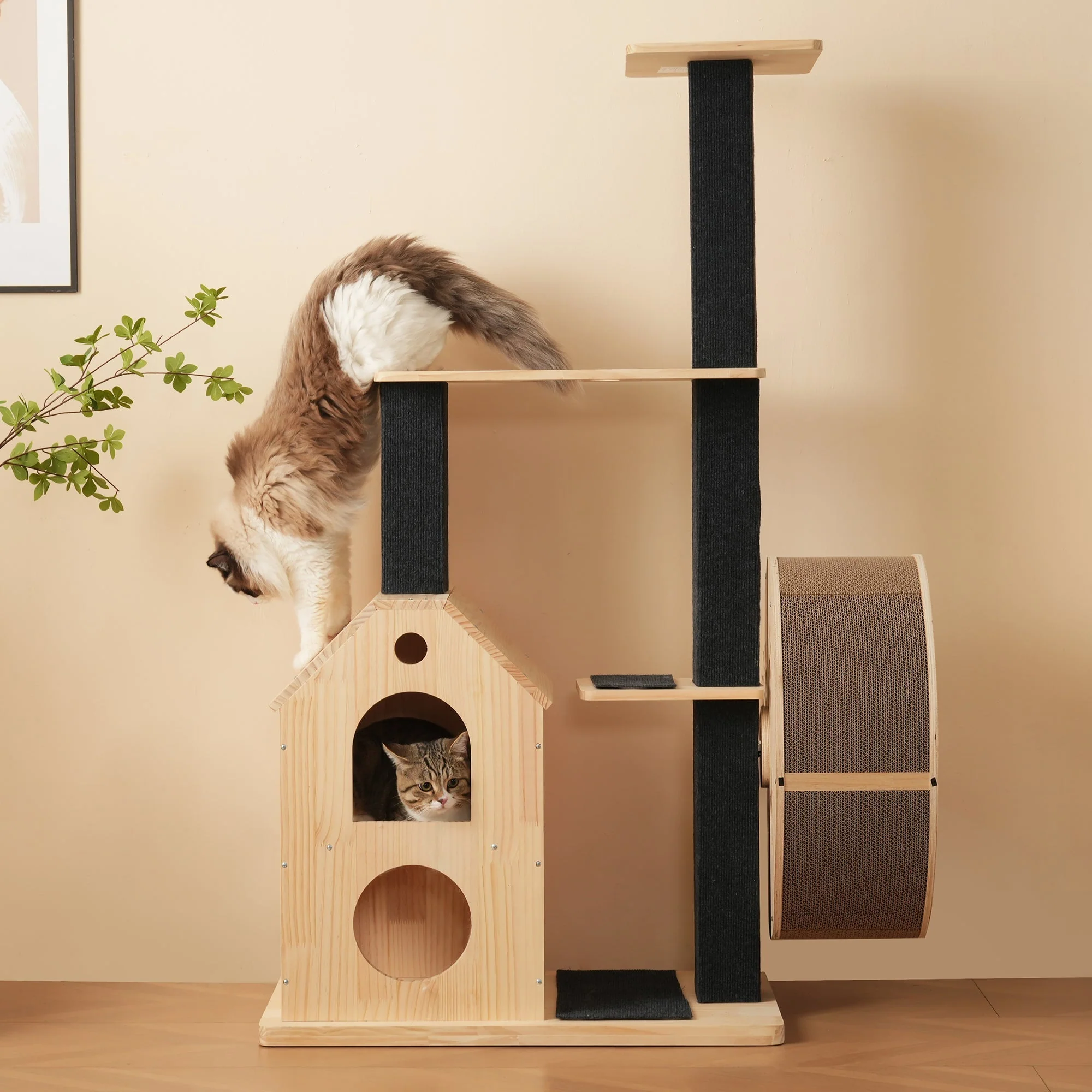 Solid Wood Cat Tree with Exercise Wheel, 4 Platforms, 2 Houses, Sisal Posts, 80×40×152 cm - Image 5