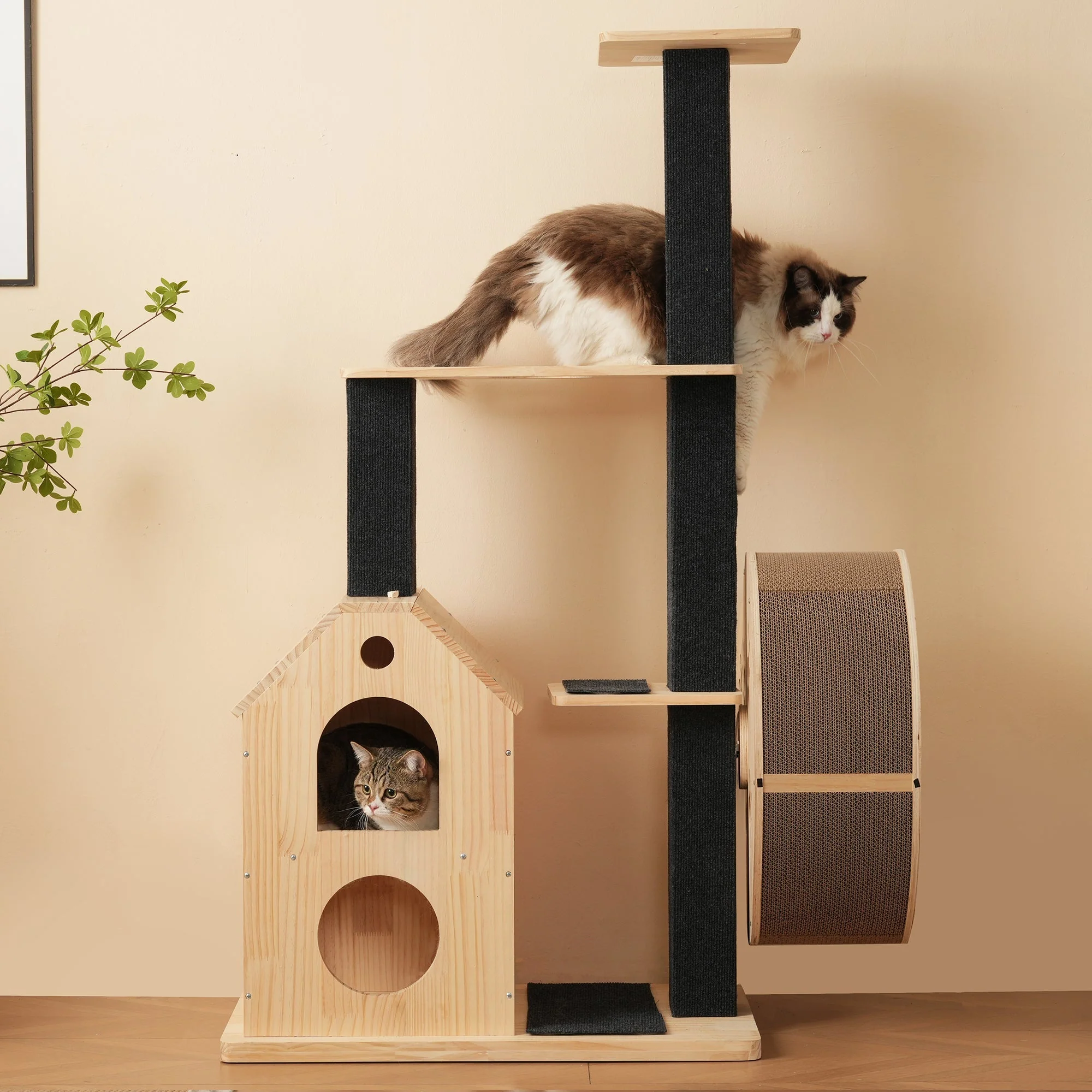 Solid Wood Cat Tree with Exercise Wheel, 4 Platforms, 2 Houses, Sisal Posts, 80×40×152 cm - Image 6