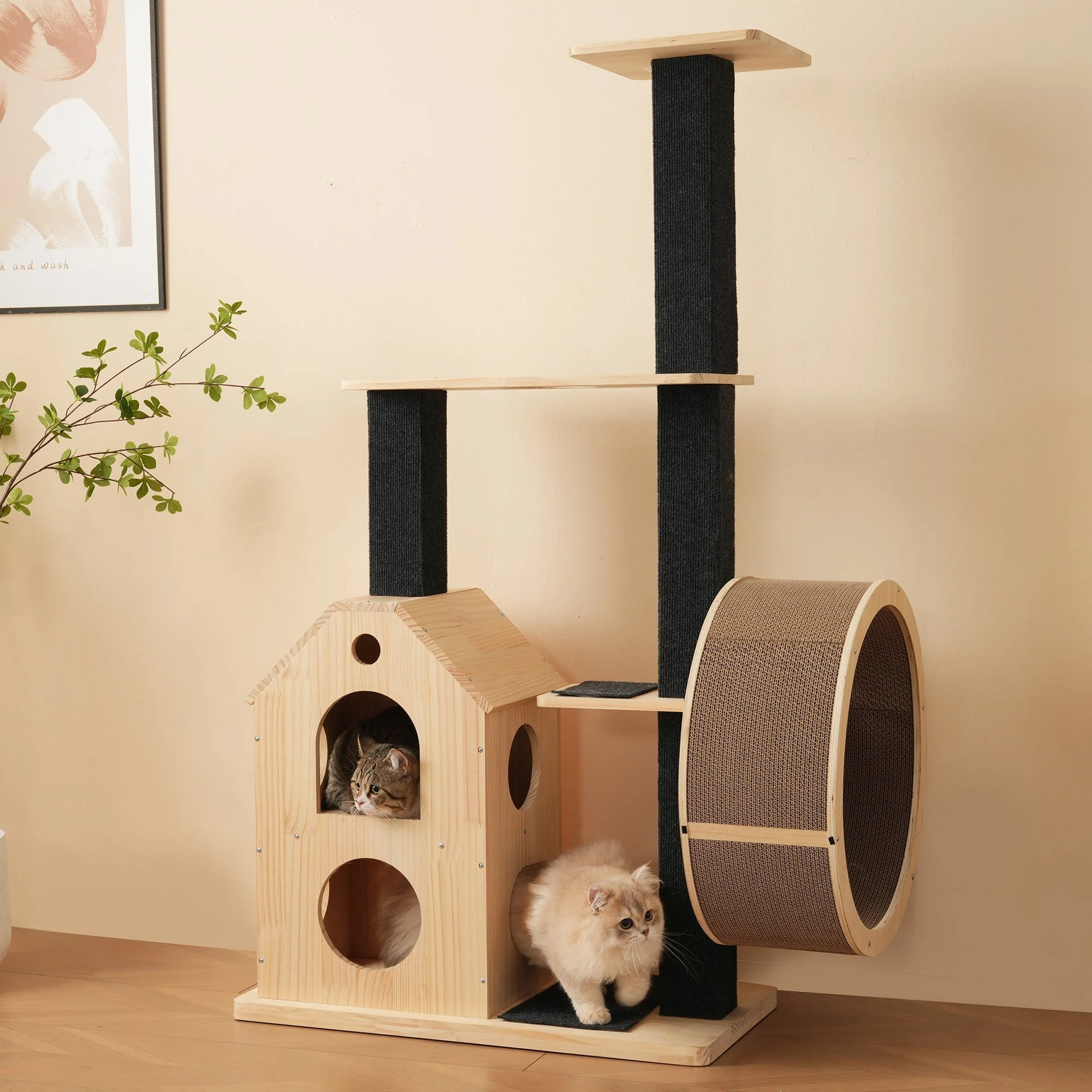 Solid Wood Cat Tree with Exercise Wheel, 4 Platforms, 2 Houses, Sisal Posts, 80×40×152 cm - Image 8