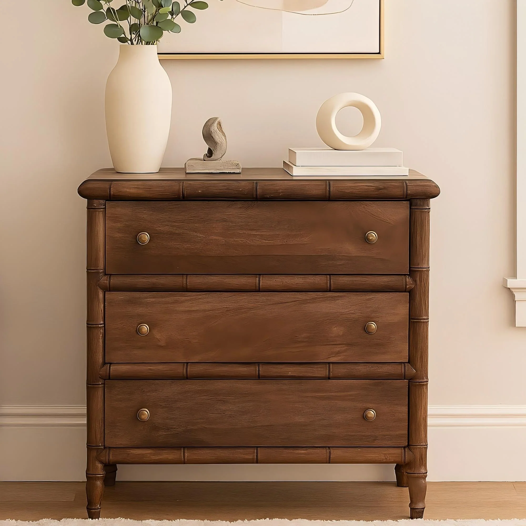 Solid Wood Chest with 3 Drawers, Bamboo Carved Brown - Image 2