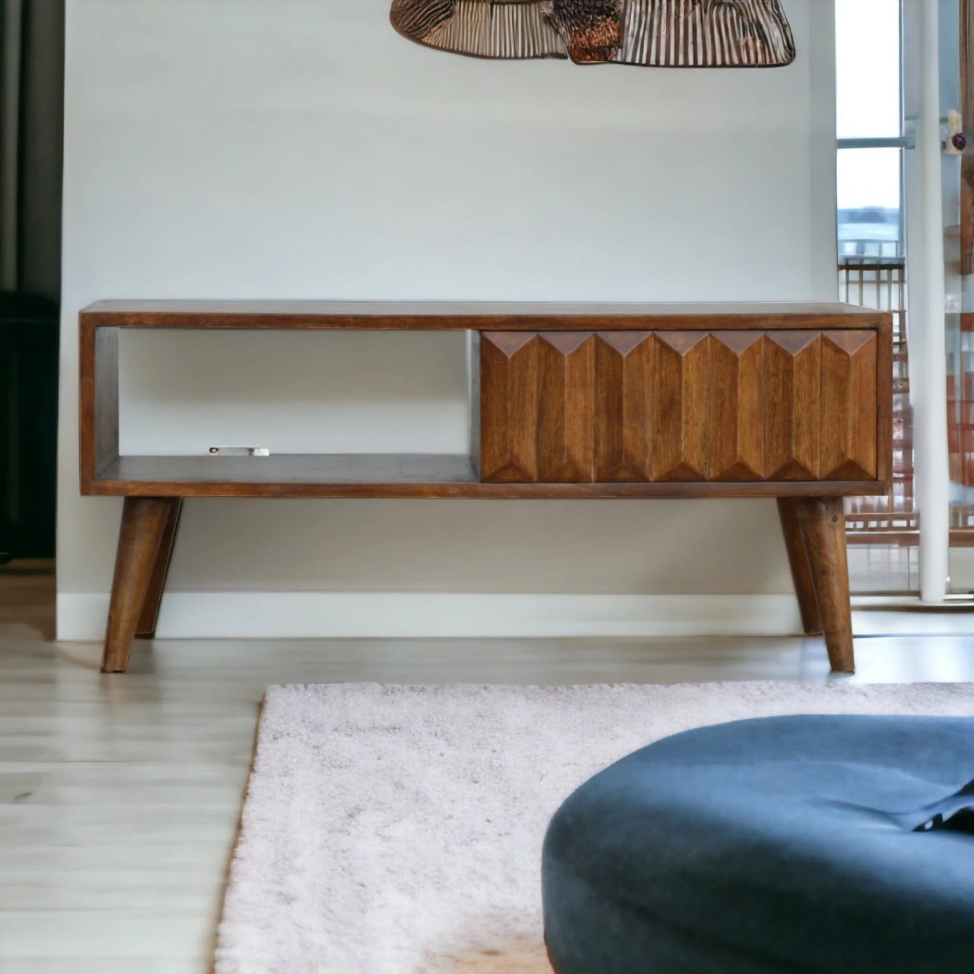 Solid Wood Chestnut Prism Sliding Media Unit, Open Slot, Dark Brown